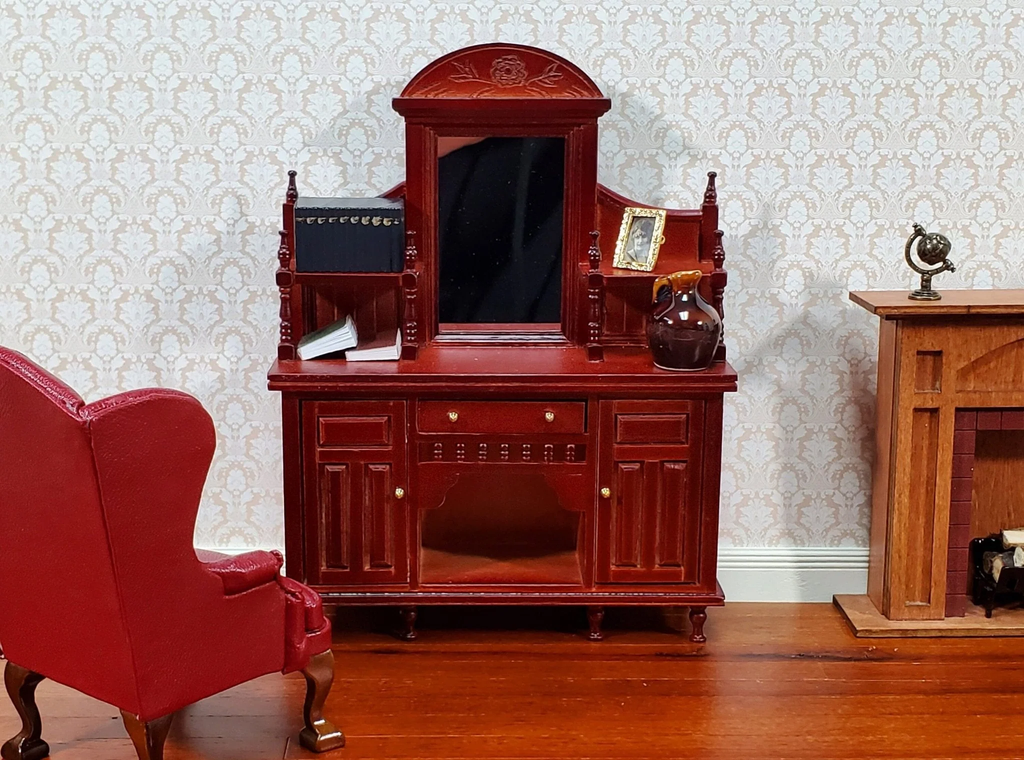Dollhouse Sideboard with Mirror Ornate Mahogany Finish 1:12 Scale Miniature Furniture - Image 3