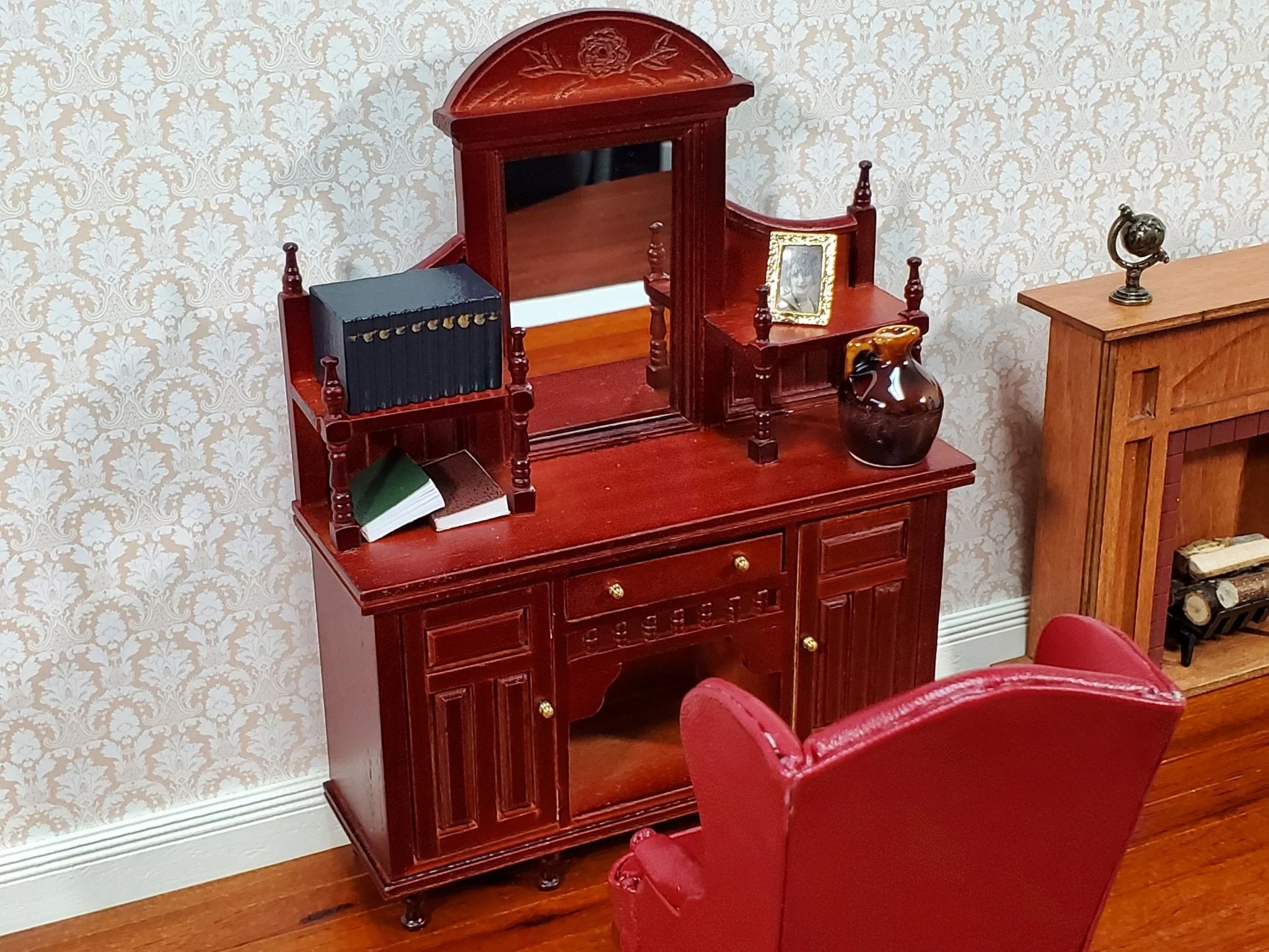 Dollhouse Sideboard with Mirror Ornate Mahogany Finish 1:12 Scale Miniature Furniture - Image 4