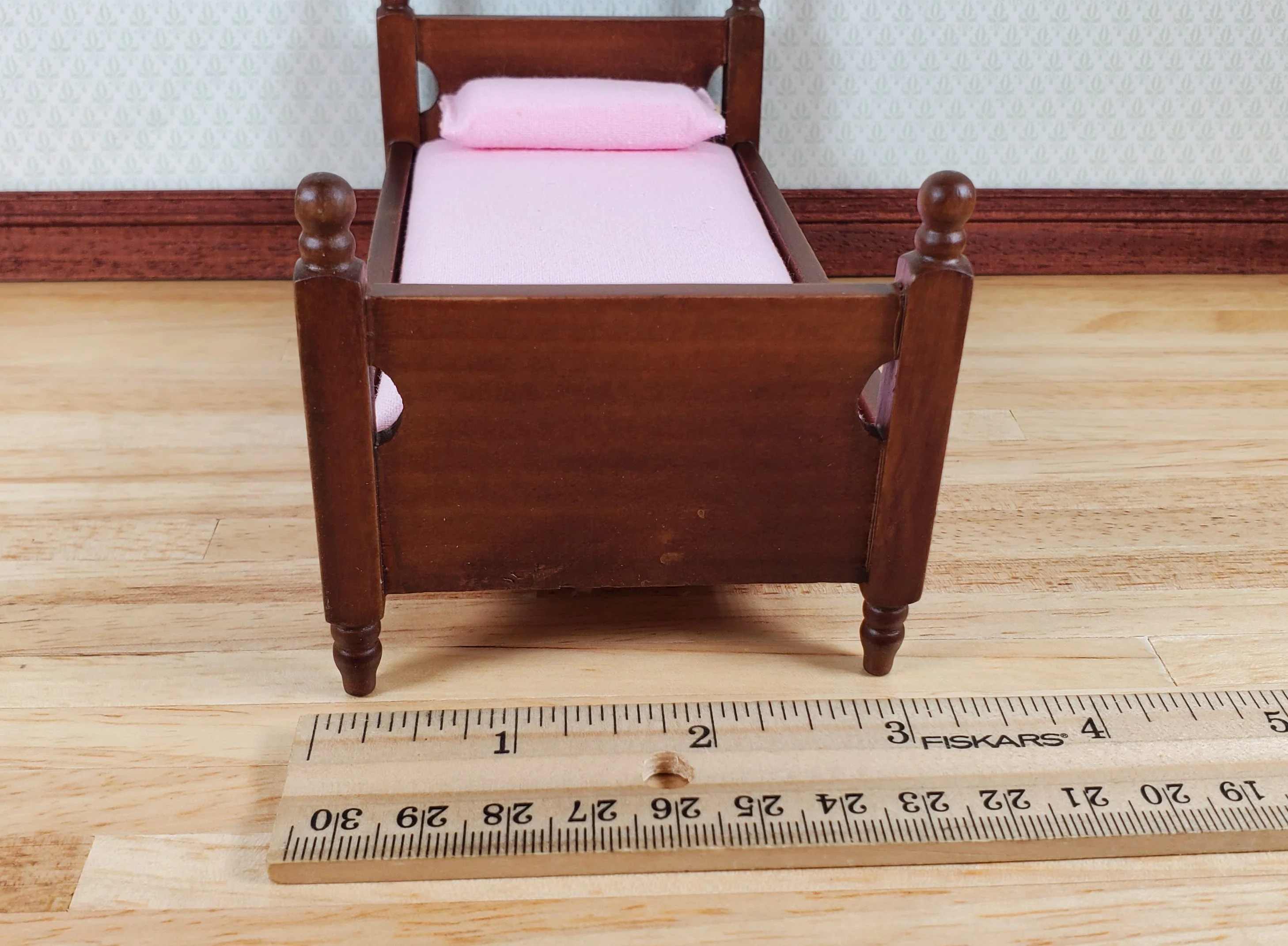 Dollhouse Single Bed Wood with a Walnut Finish Pink Sheets 1:12 Scale Miniature - Image 5