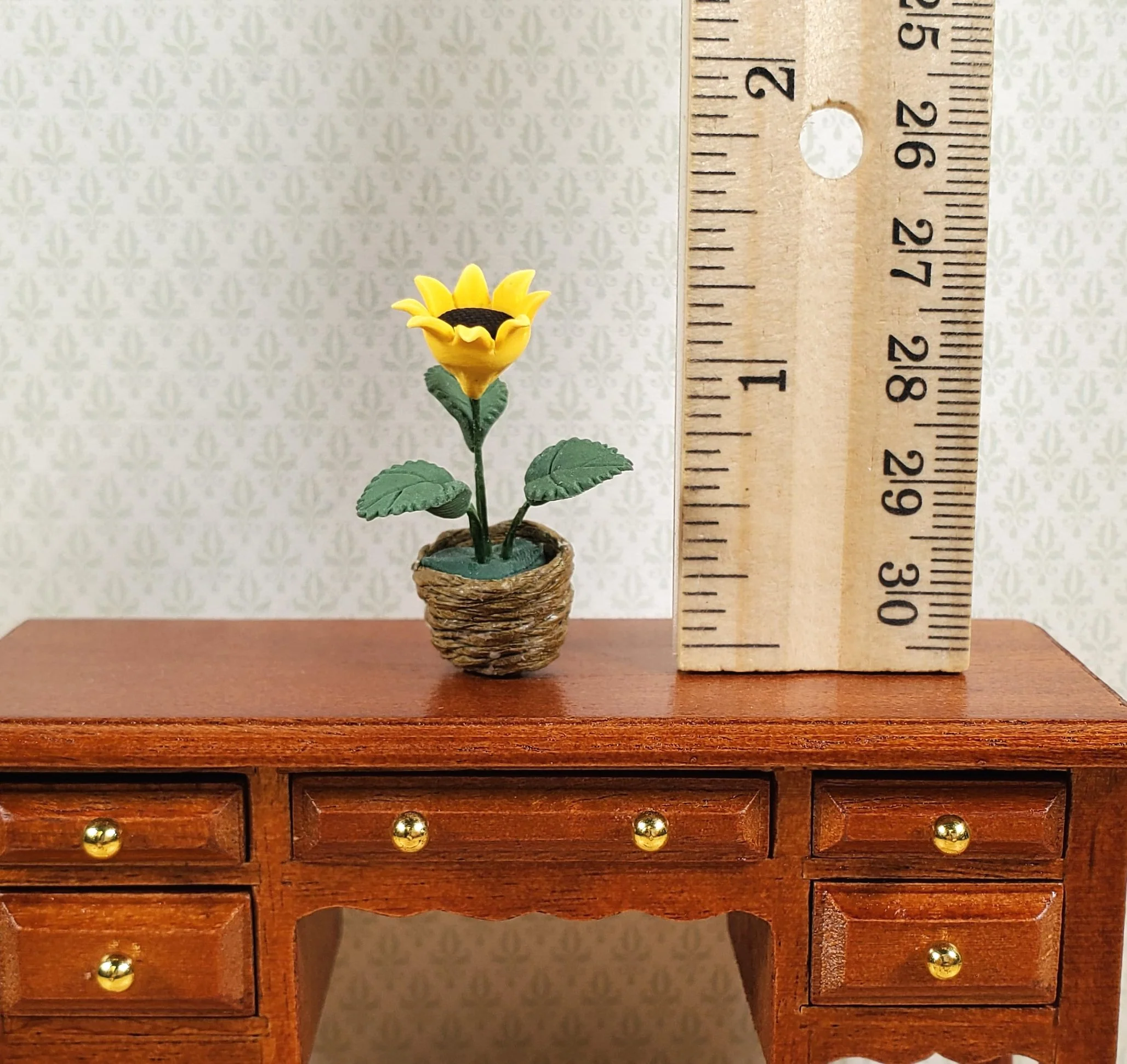 Dollhouse Single Sunflower Plant in a Natural Woven Planter 1:12 Scale Miniature - Image 3