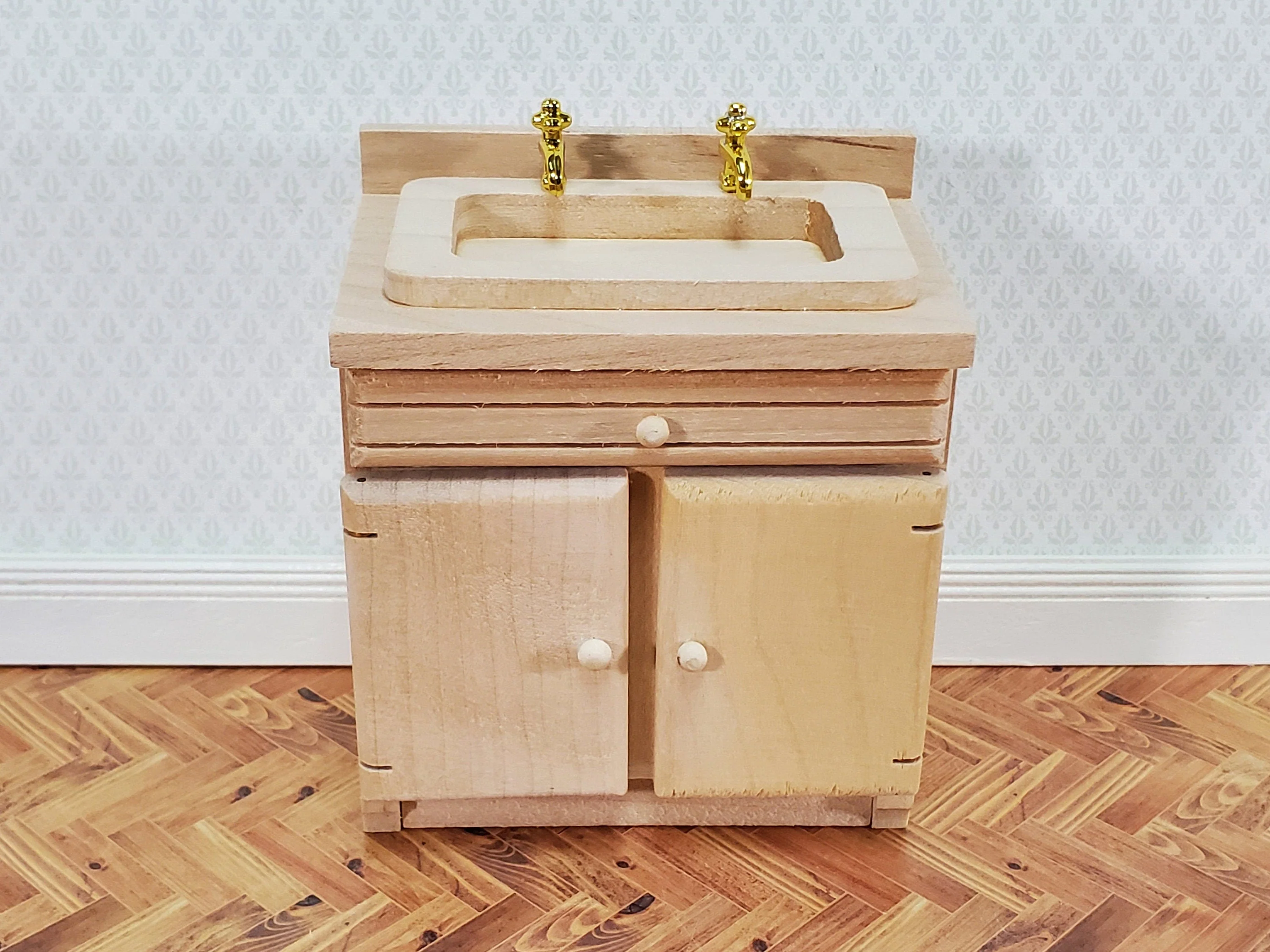 Dollhouse Sink Kitchen or Bathroom Cabinet 1:12 Scale Miniature Furniture Unpainted Wood - Image 2