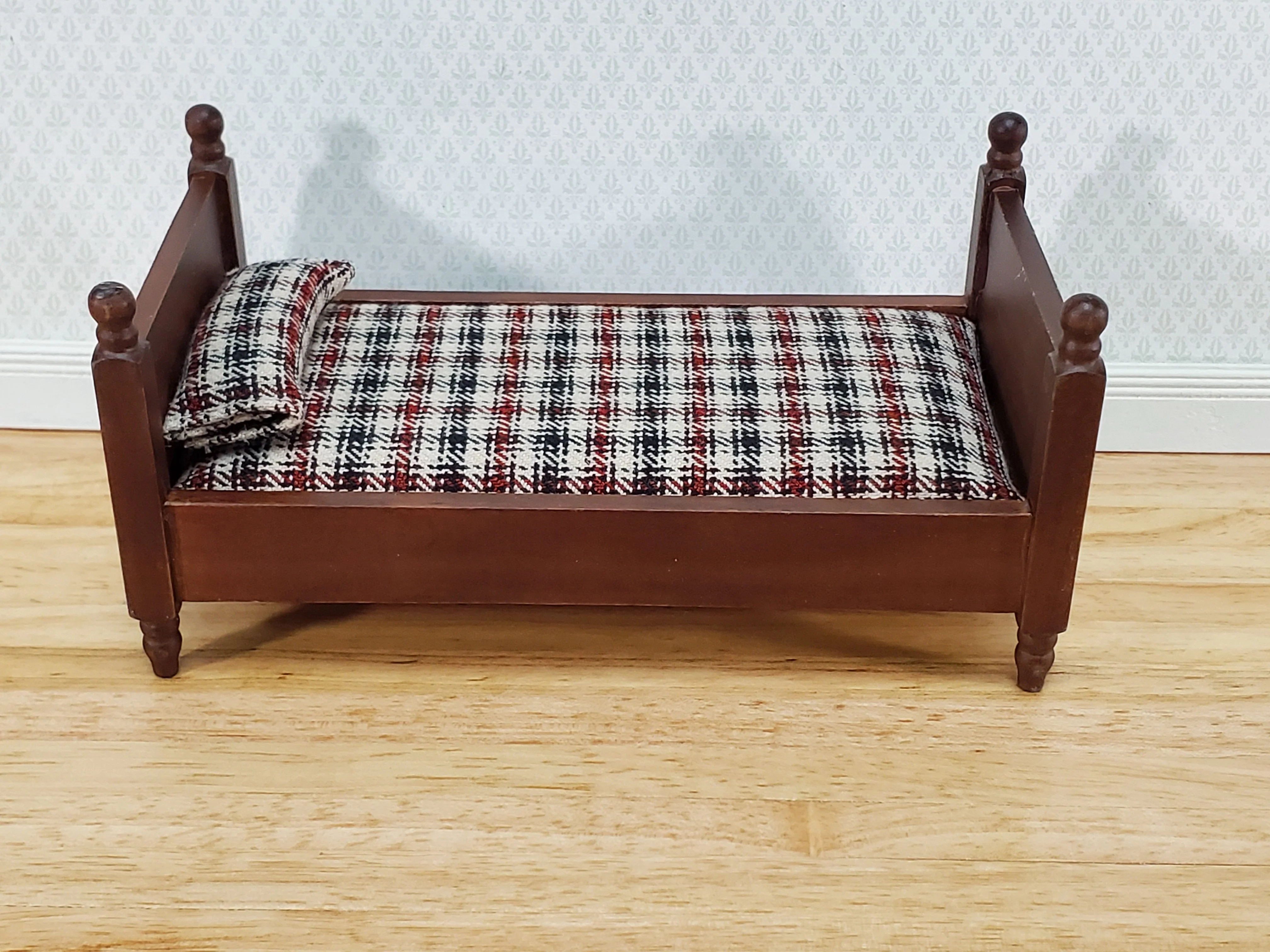 Dollhouse Small Bed Plaid Fabric Pillow Boys Room 1:12 Scale Miniature Furniture - Image 2