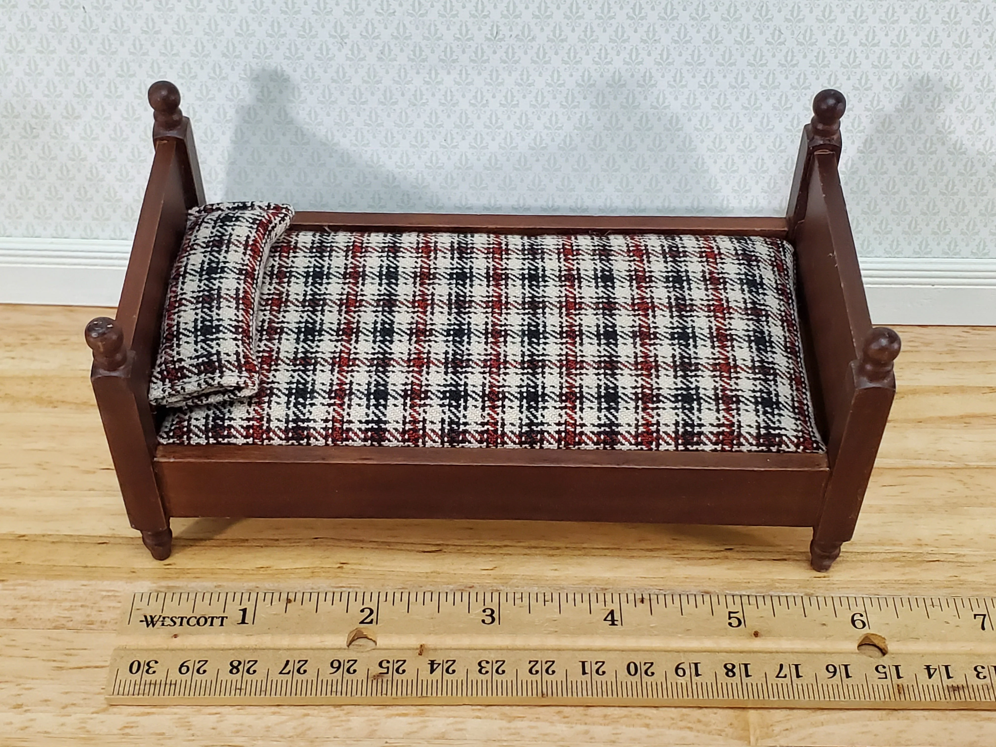 Dollhouse Small Bed Plaid Fabric Pillow Boys Room 1:12 Scale Miniature Furniture - Image 3