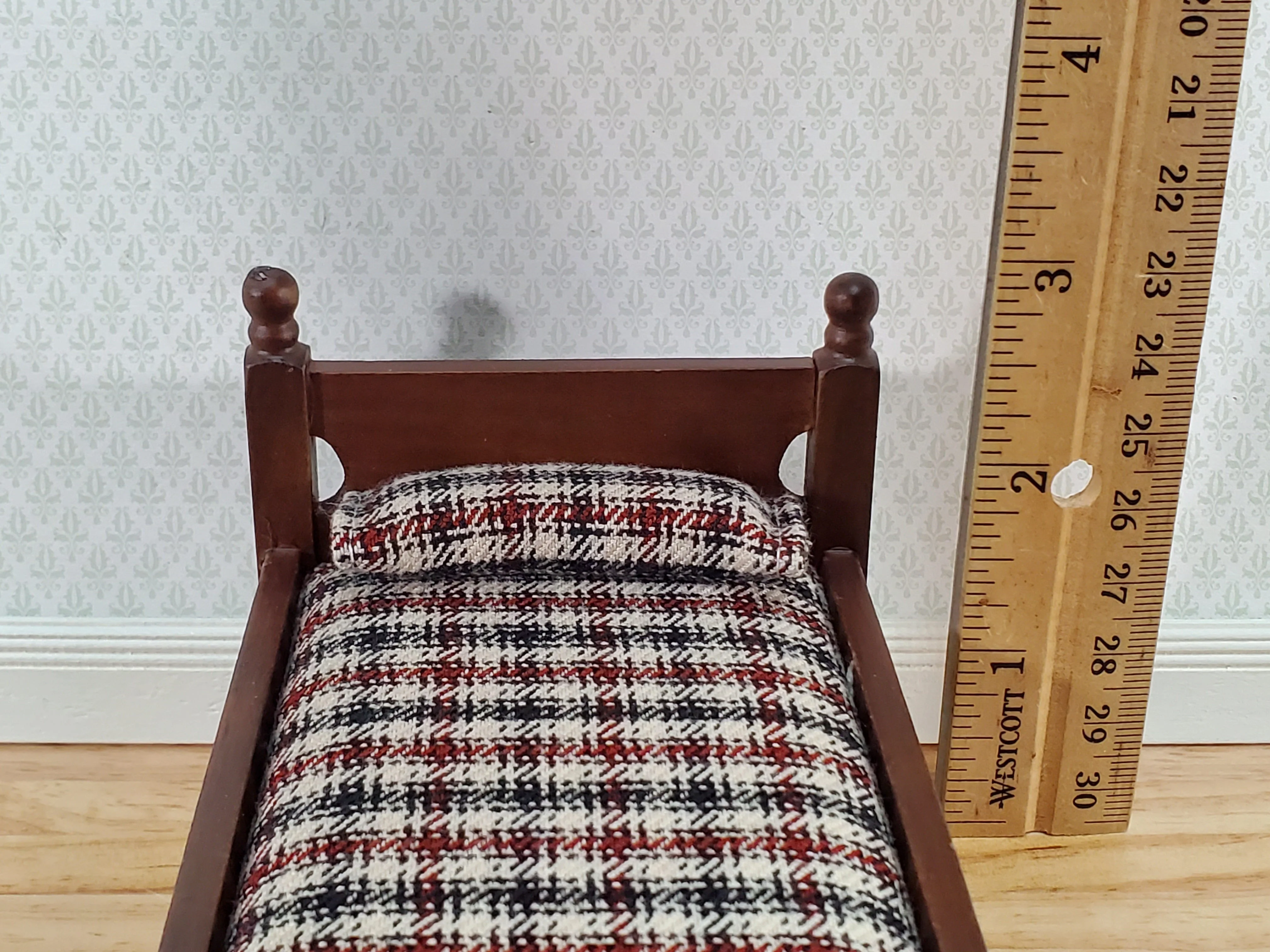 Dollhouse Small Bed Plaid Fabric Pillow Boys Room 1:12 Scale Miniature Furniture - Image 4
