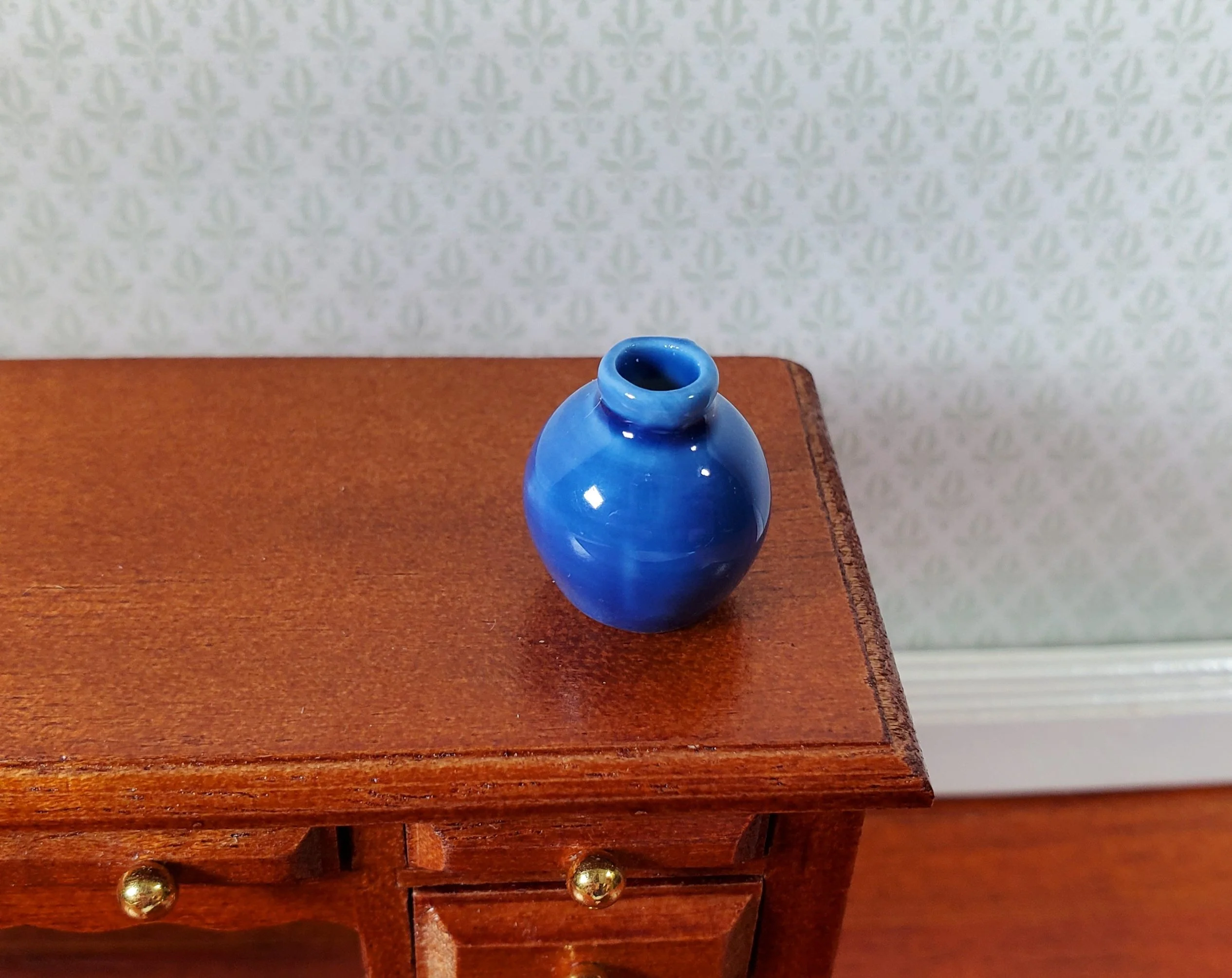 Dollhouse Small Dark Blue Round Ceramic Vase 1:12 Scale Miniature - Image 2