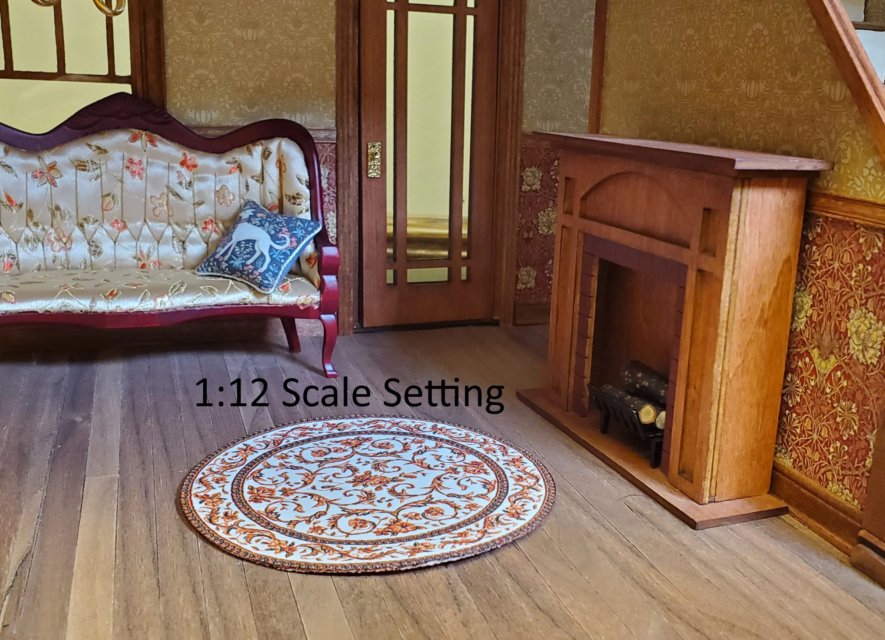Dollhouse Small Round Rug Fabric Floral Use in 1:12 or 1:24 Scales 4.25" Across - Image 3