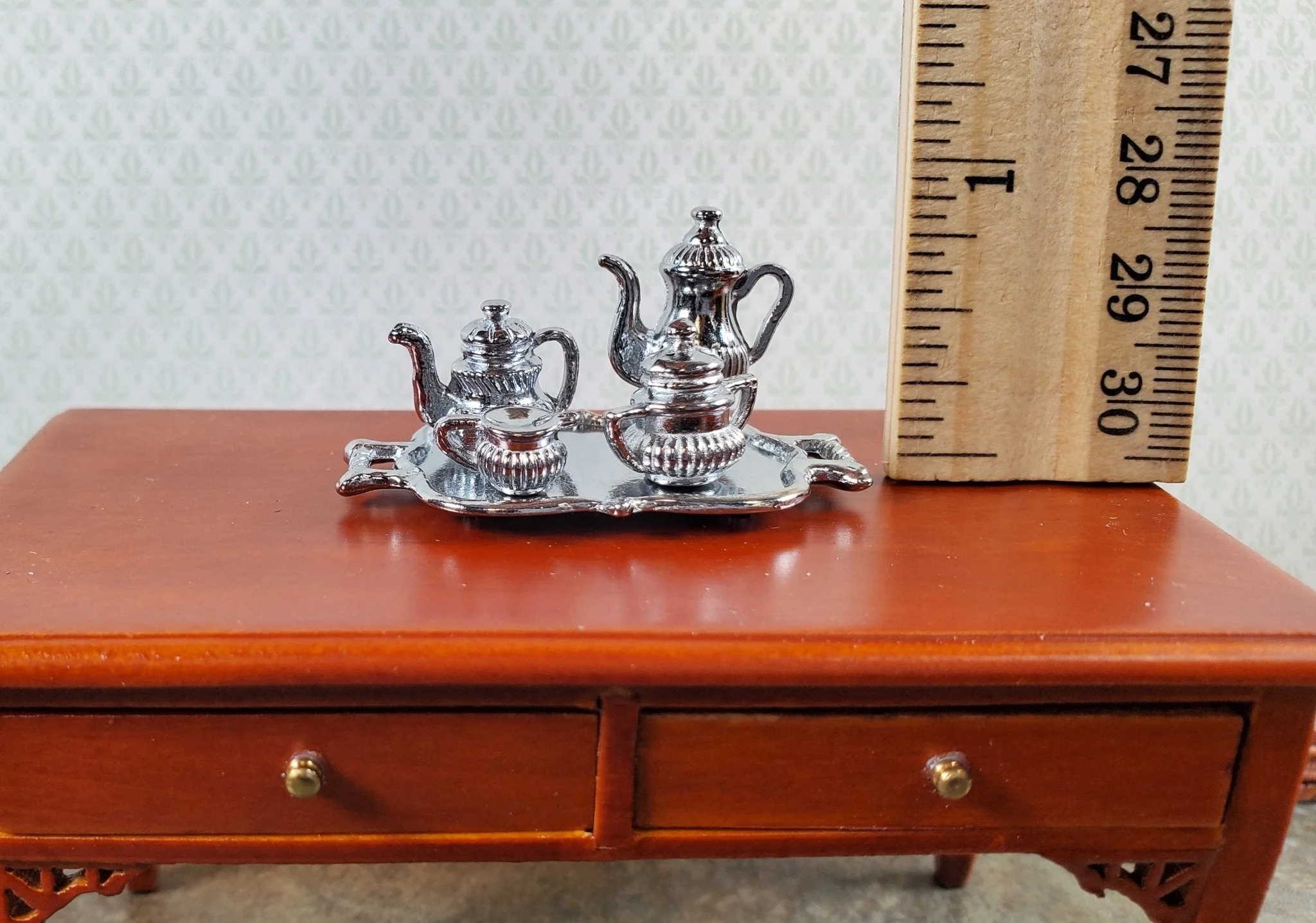 Dollhouse Small Silver Metal Tea Coffee Set with Tray Creamer Sugar Dish - Image 3