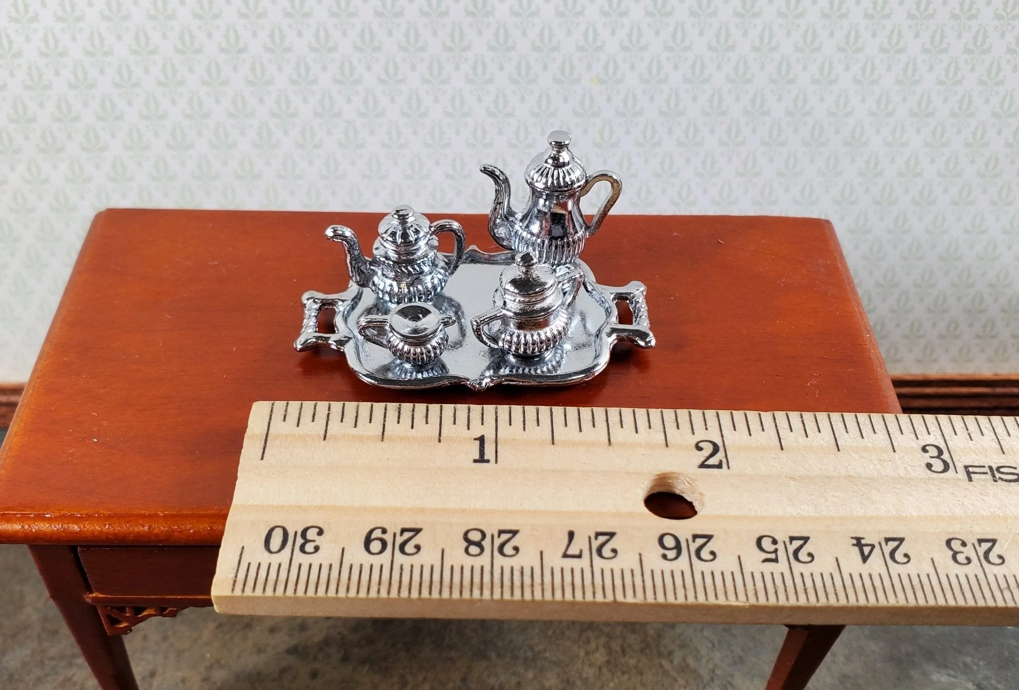 Dollhouse Small Silver Metal Tea Coffee Set with Tray Creamer Sugar Dish - Image 4