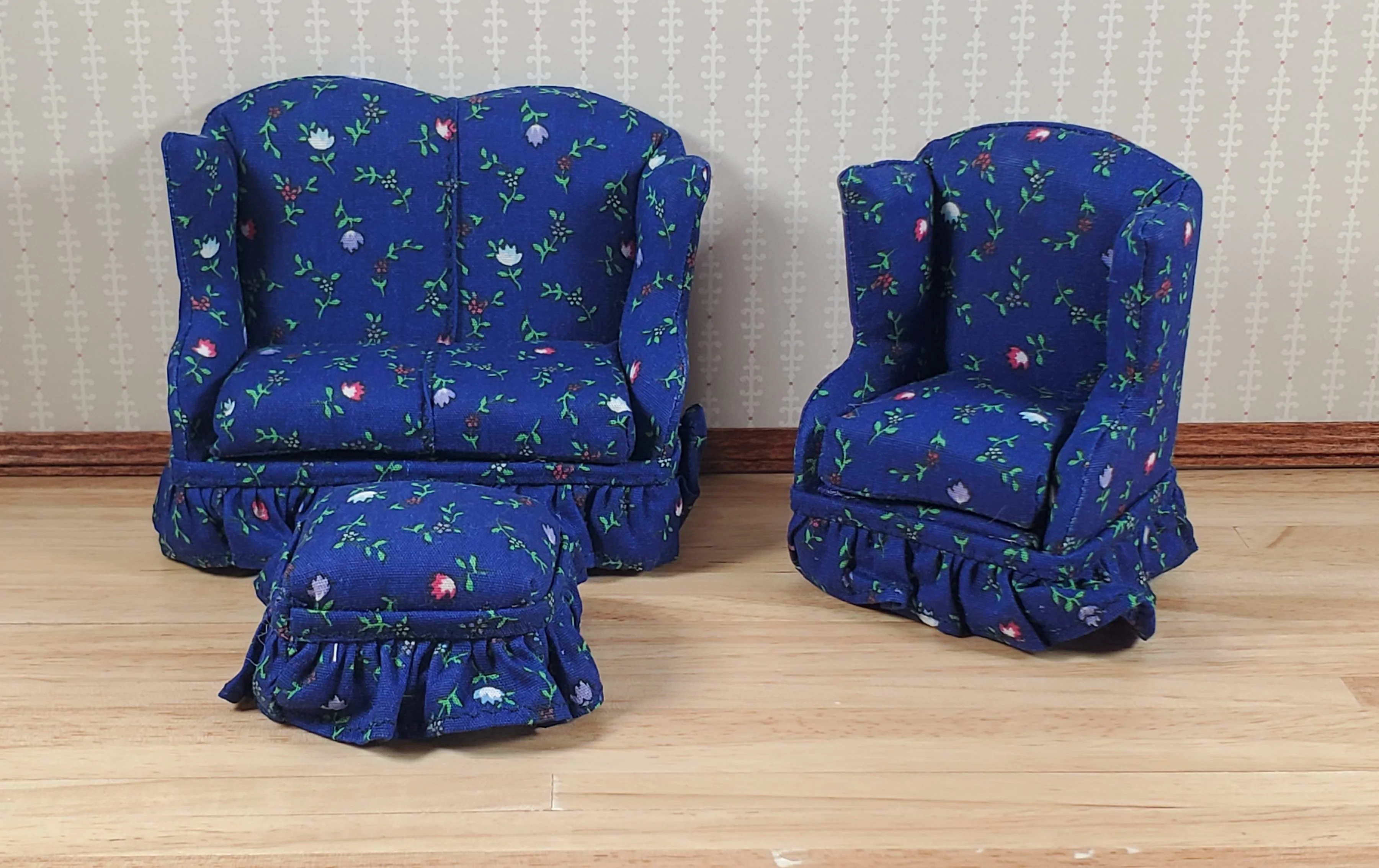 Dollhouse Small Sofa Chair Ottoman Dark Blue Floral 1:12 Scale Miniature Furniture - Image 4