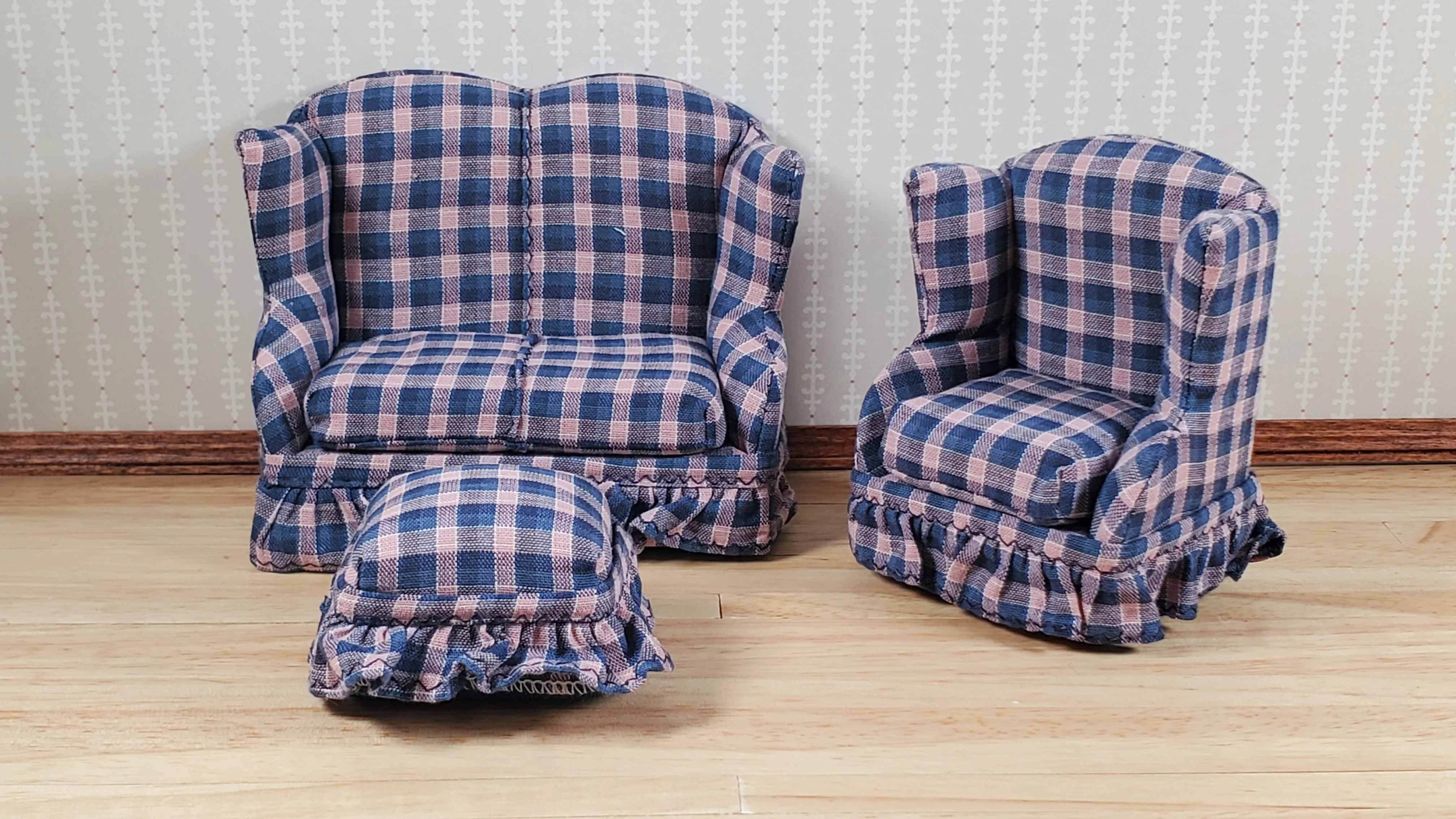Dollhouse Small Sofa Chair Ottoman Navy & Pink Plaid 1:12 Scale Miniature Furniture