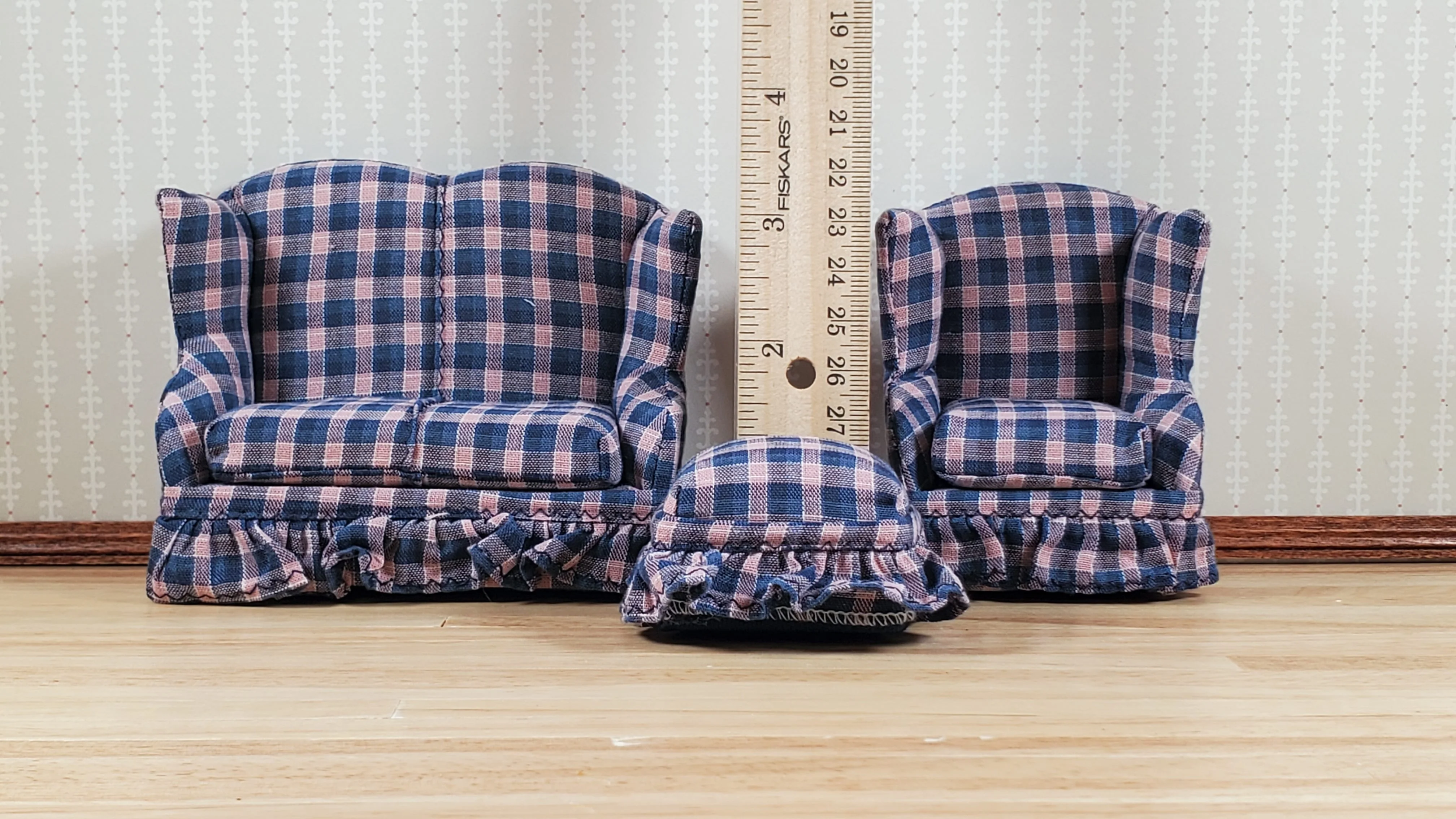 Dollhouse Small Sofa Chair Ottoman Navy & Pink Plaid 1:12 Scale Miniature Furniture - Image 3