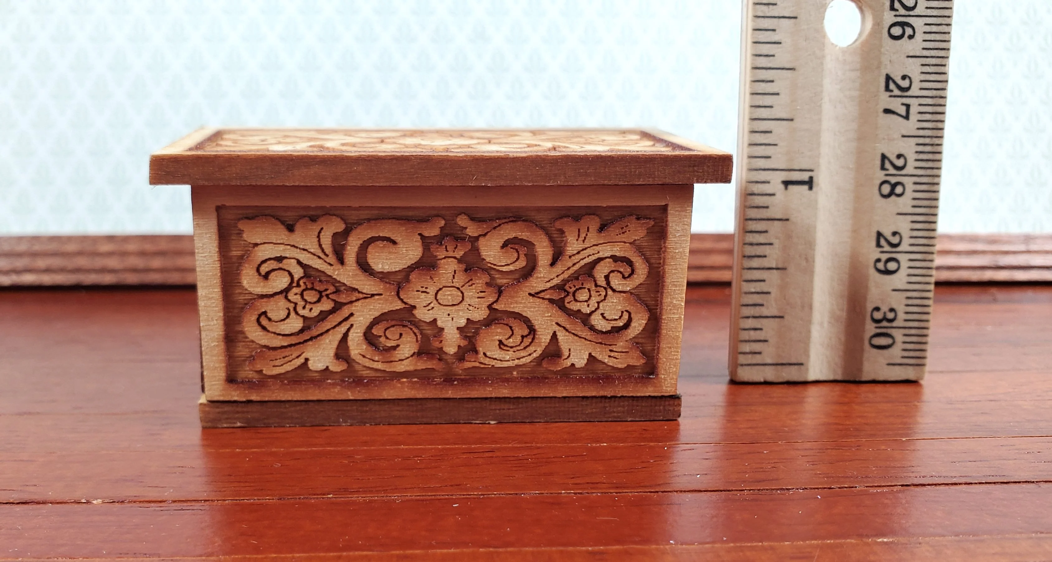 Dollhouse Small Wood Trunk with Removable Lid Laser Carved 1:12 Scale Furniture - Image 6