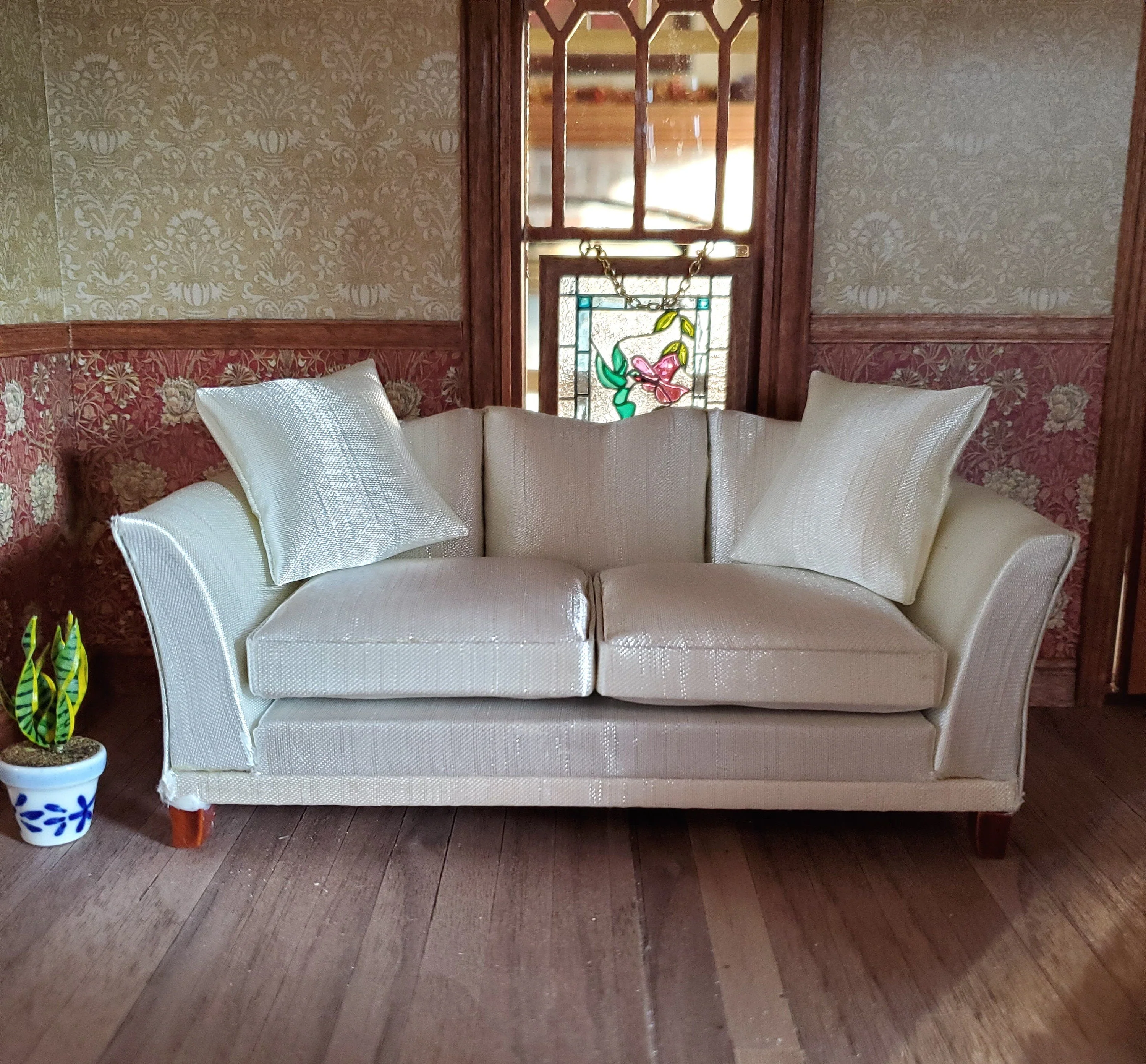 Dollhouse Sofa Couch Cream Faux Silk with Cushions 1:12 Scale Miniature Furniture - Image 4