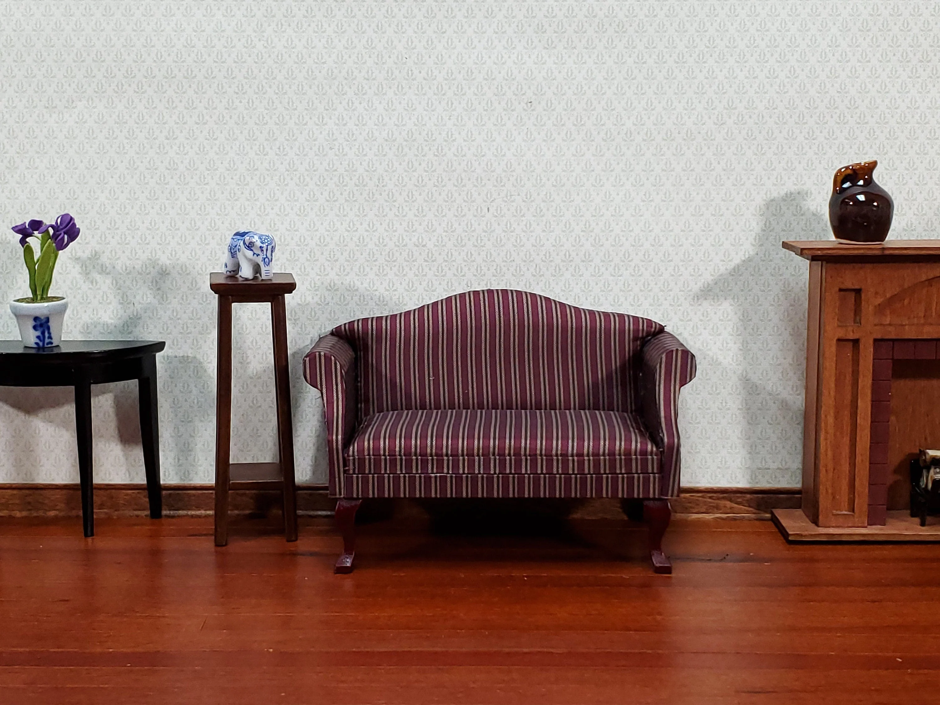 Dollhouse Sofa Couch Maroon Striped Fabric 1:12 Scale Miniature Furniture - Image 3