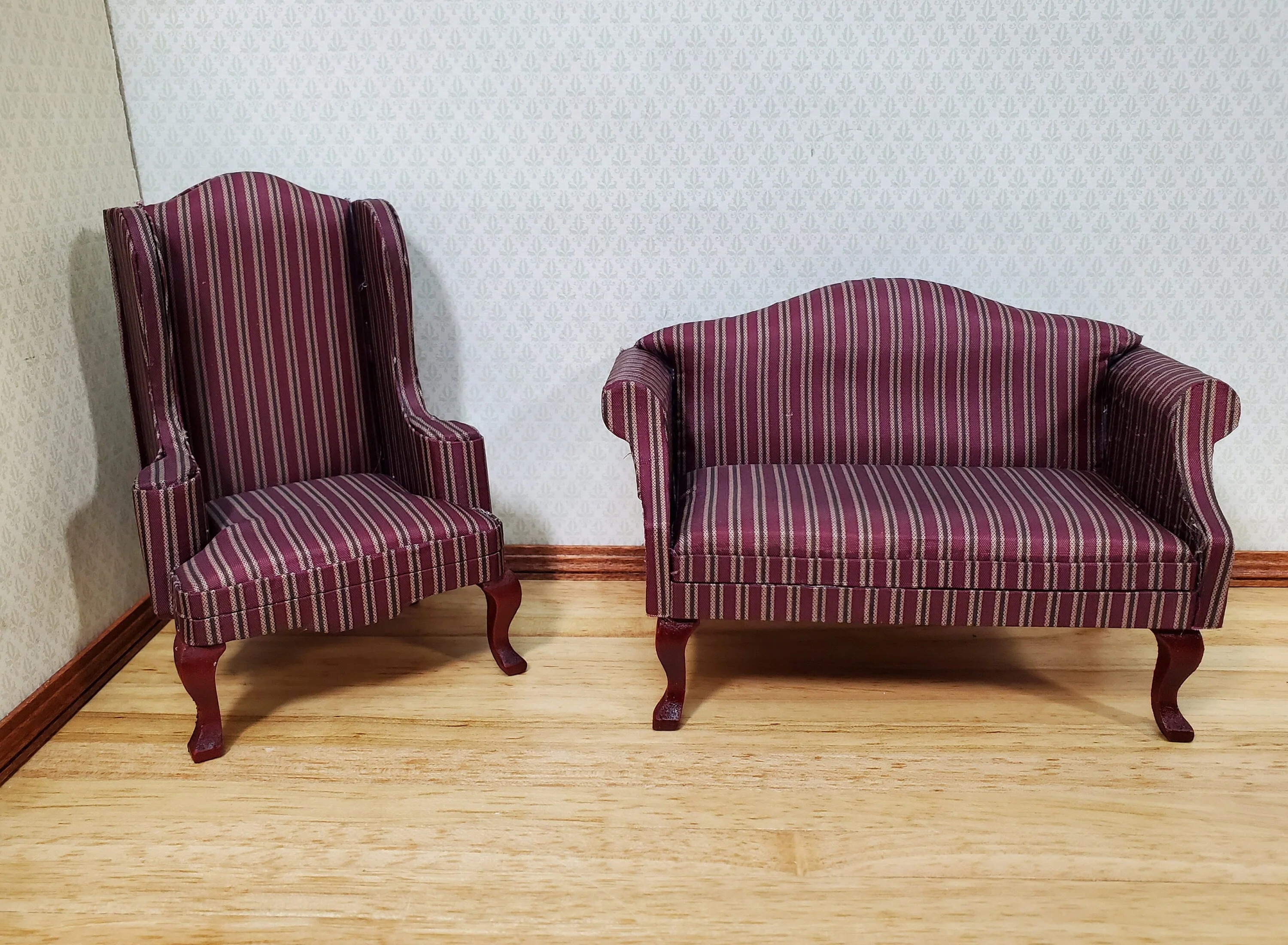Dollhouse Sofa Couch Maroon Striped Fabric 1:12 Scale Miniature Furniture - Image 5