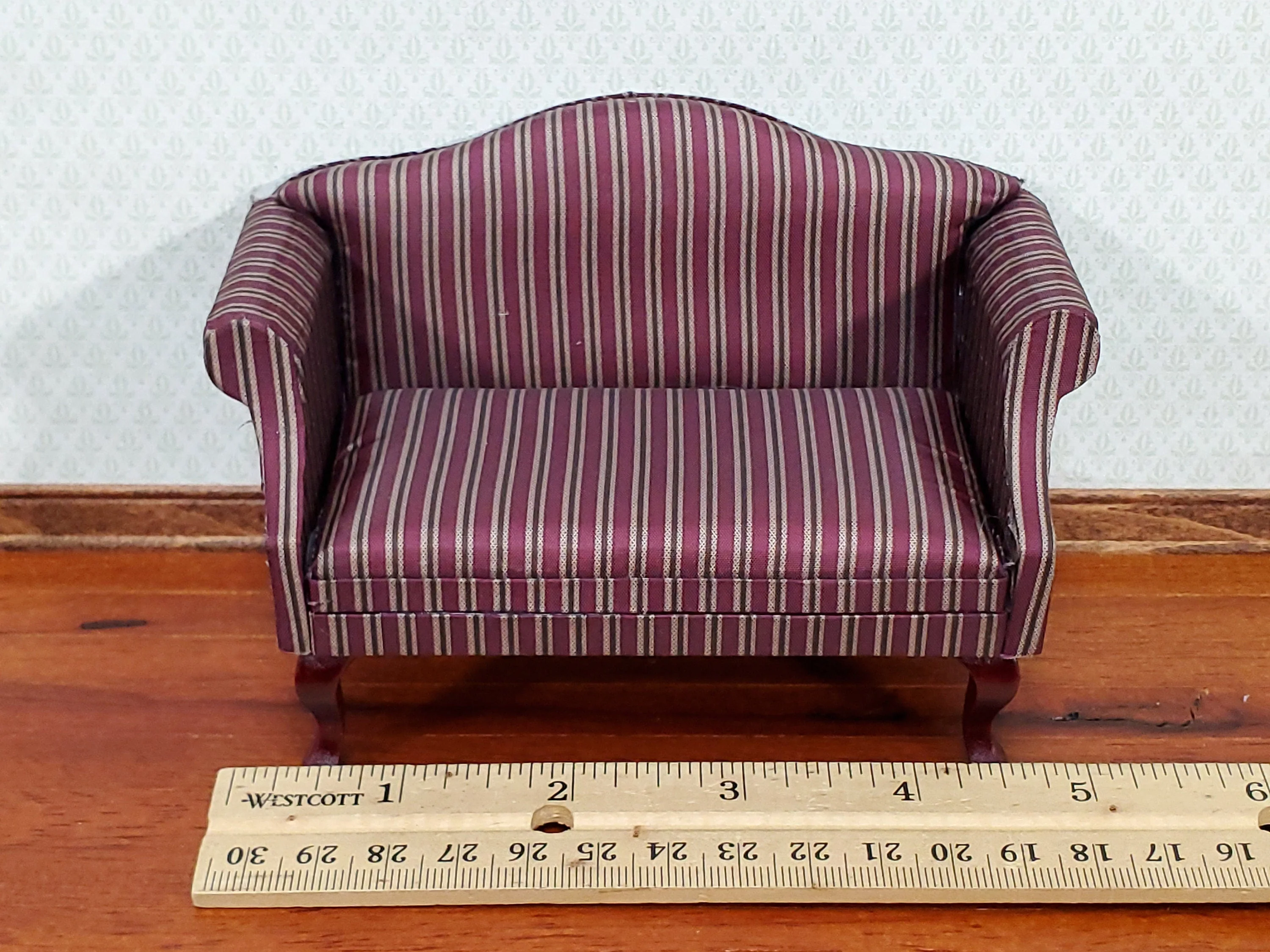 Dollhouse Sofa Couch Maroon Striped Fabric 1:12 Scale Miniature Furniture - Image 6