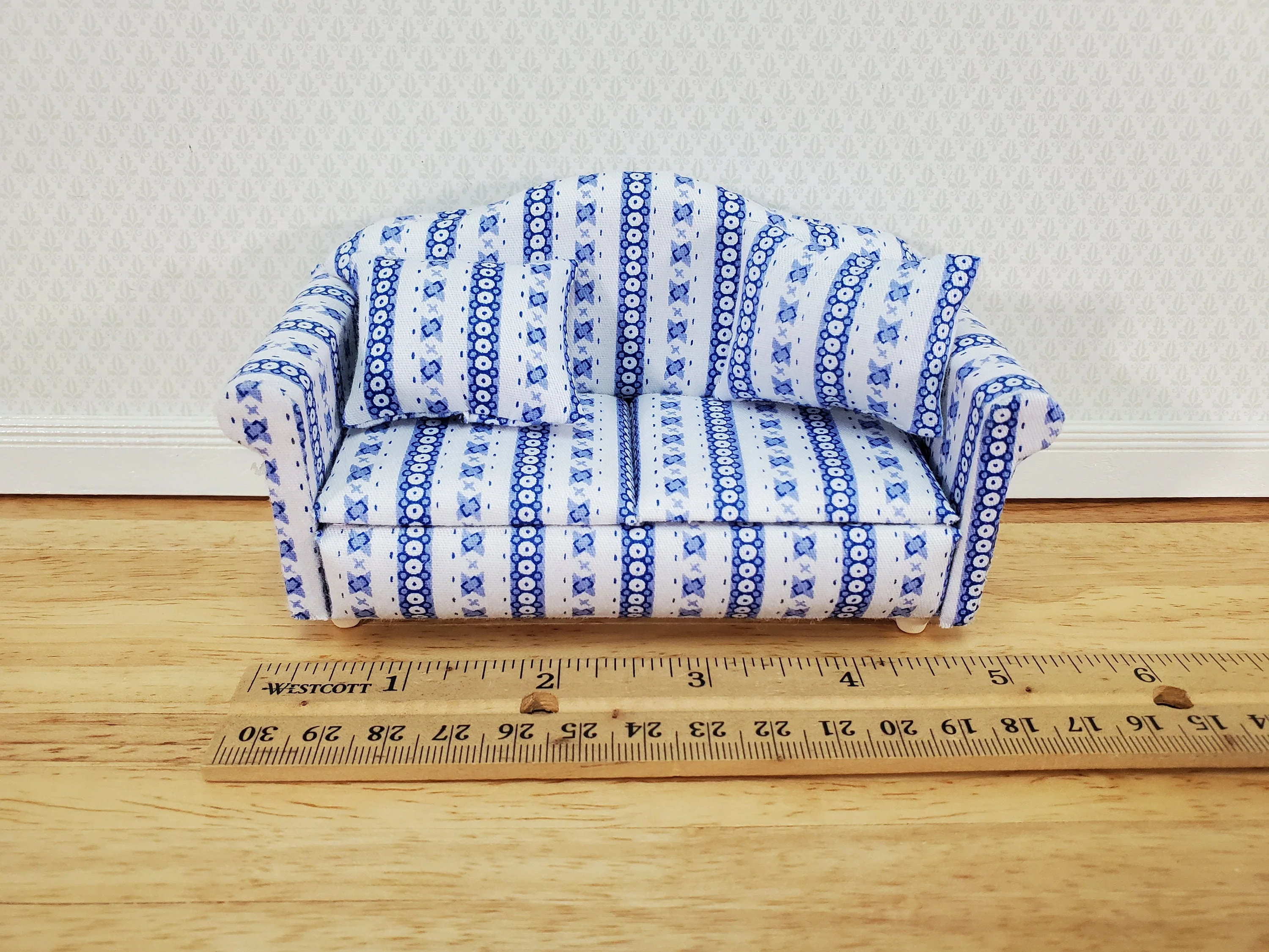 Dollhouse Sofa Couch Modern Blue & White with Cushions 1:12 Scale Miniature Furniture - Image 4