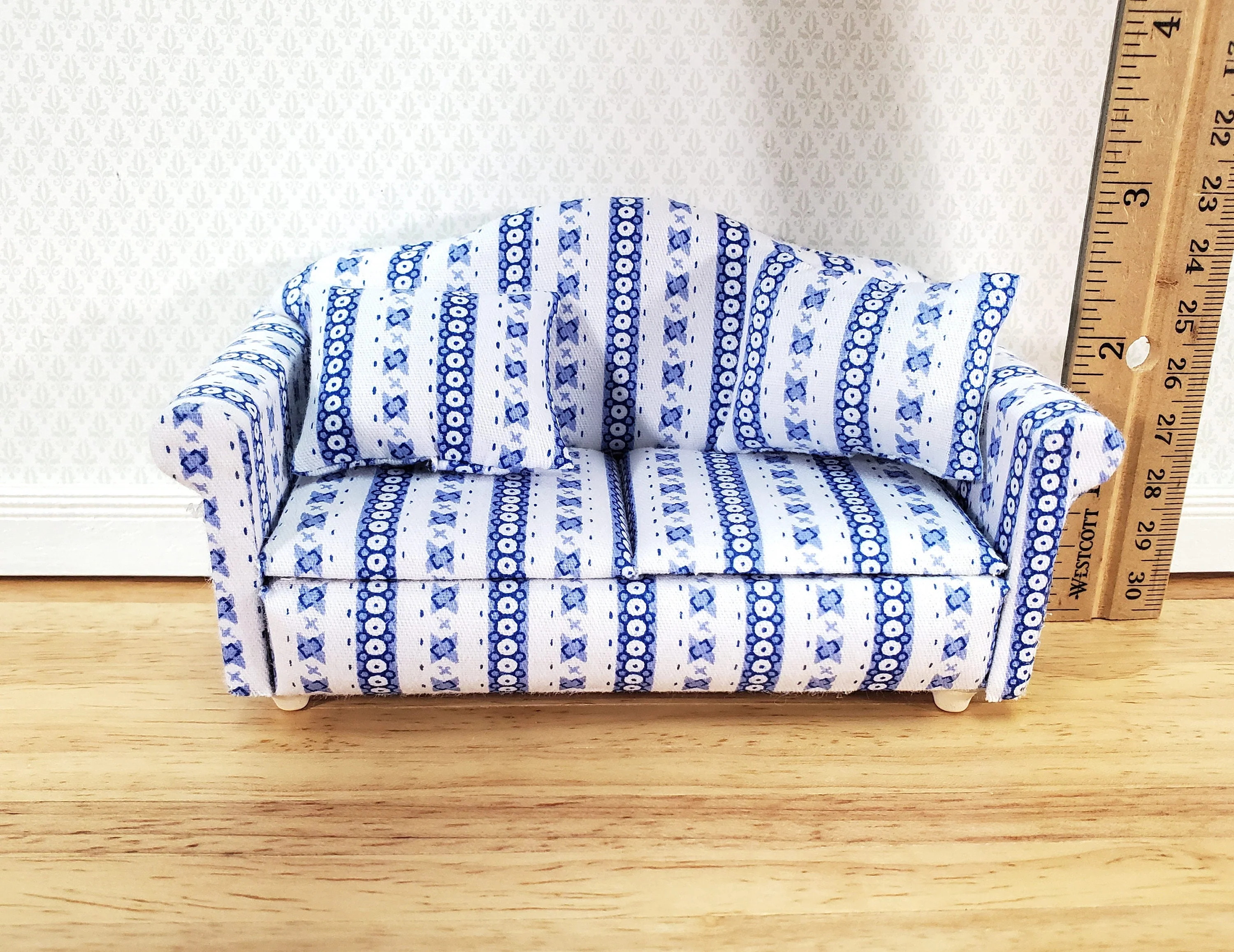 Dollhouse Sofa Couch Modern Blue & White with Cushions 1:12 Scale Miniature Furniture - Image 5