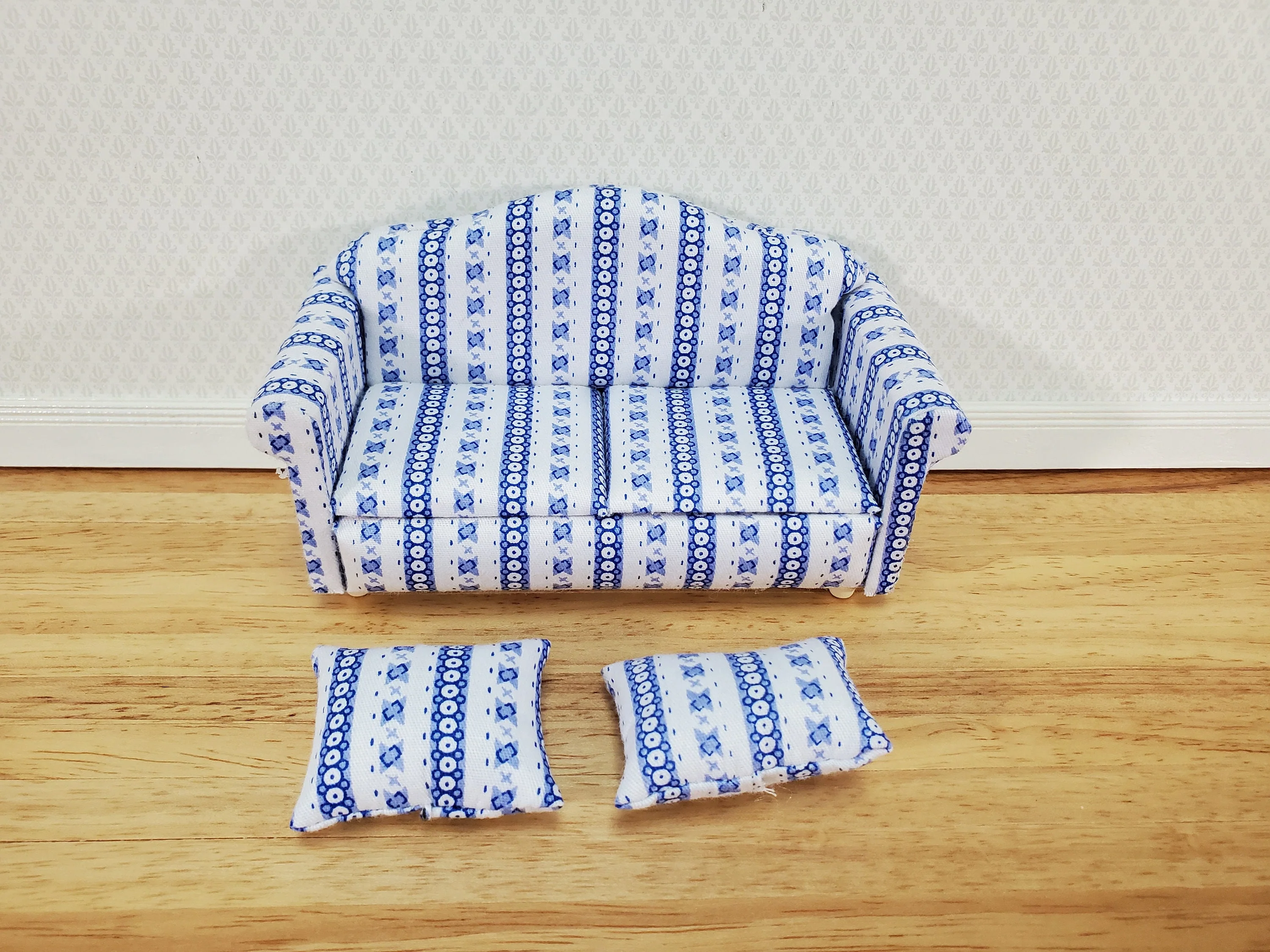 Dollhouse Sofa Couch Modern Blue & White with Cushions 1:12 Scale Miniature Furniture - Image 6