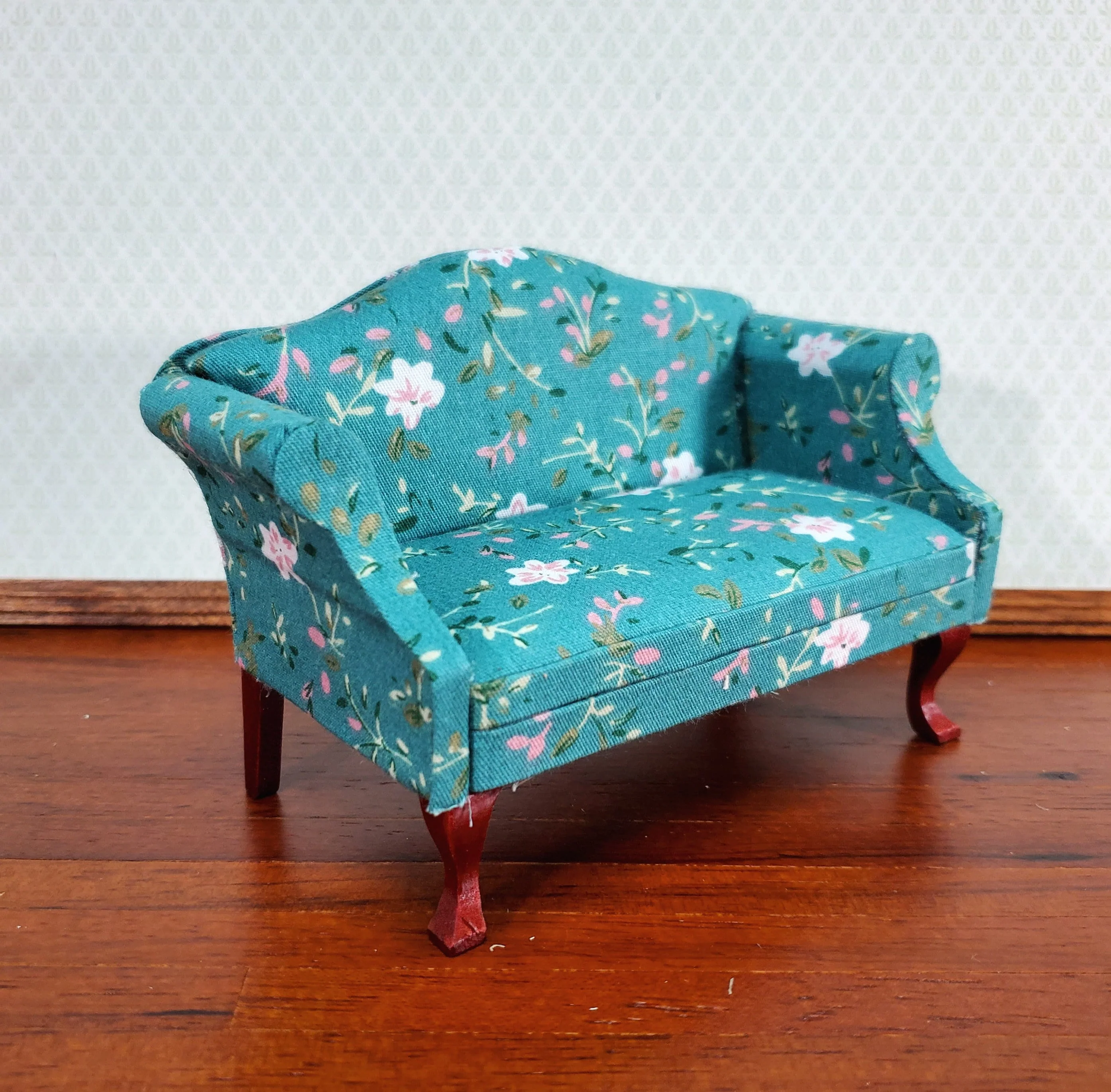 Dollhouse Sofa Couch Turquoise Floral Fabric 1:12 Scale Miniature Furniture - Image 2