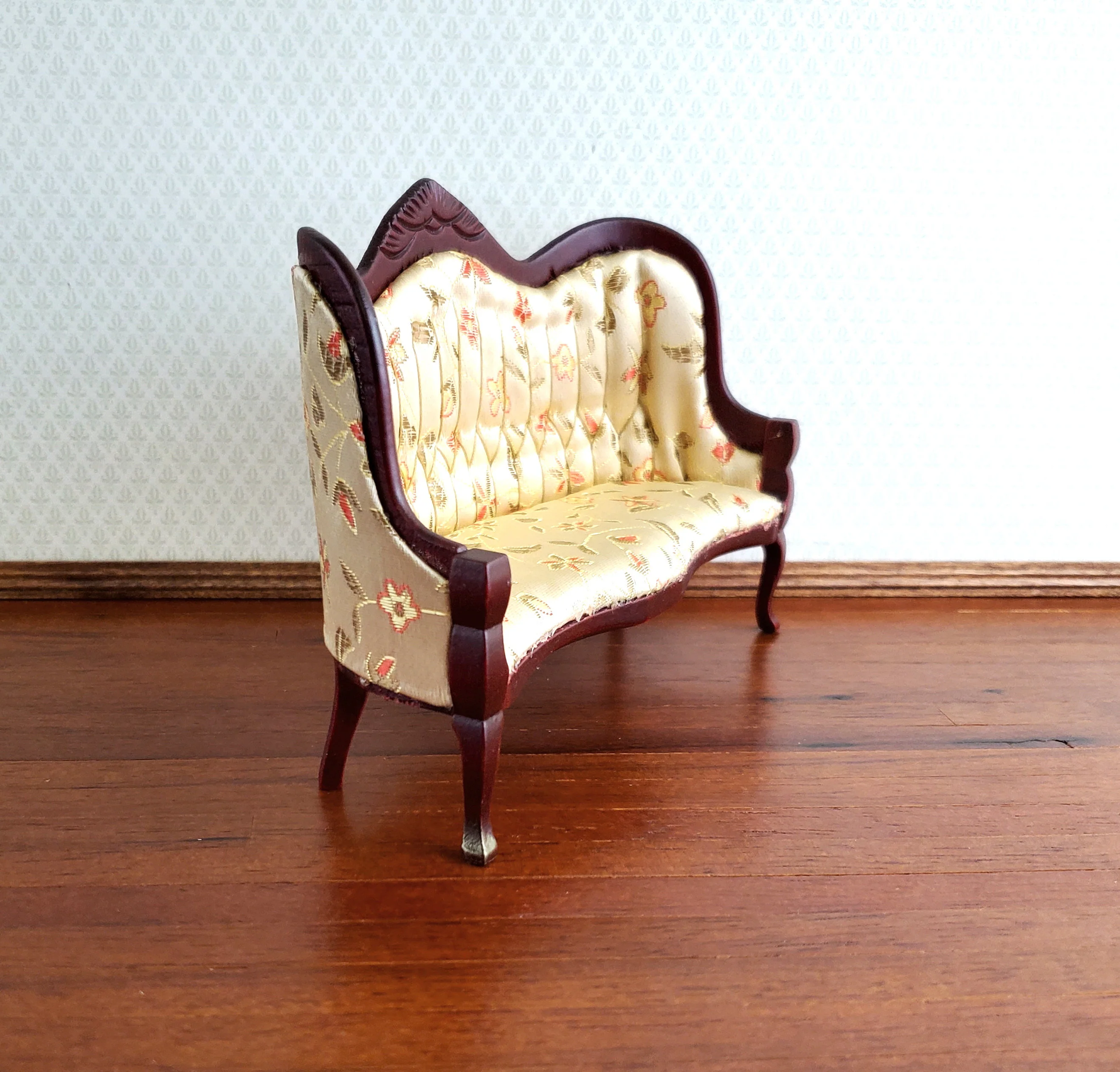 Dollhouse Sofa Couch Victorian Gold Floral Print 1:12 Miniature Mahogany Finish - Image 2