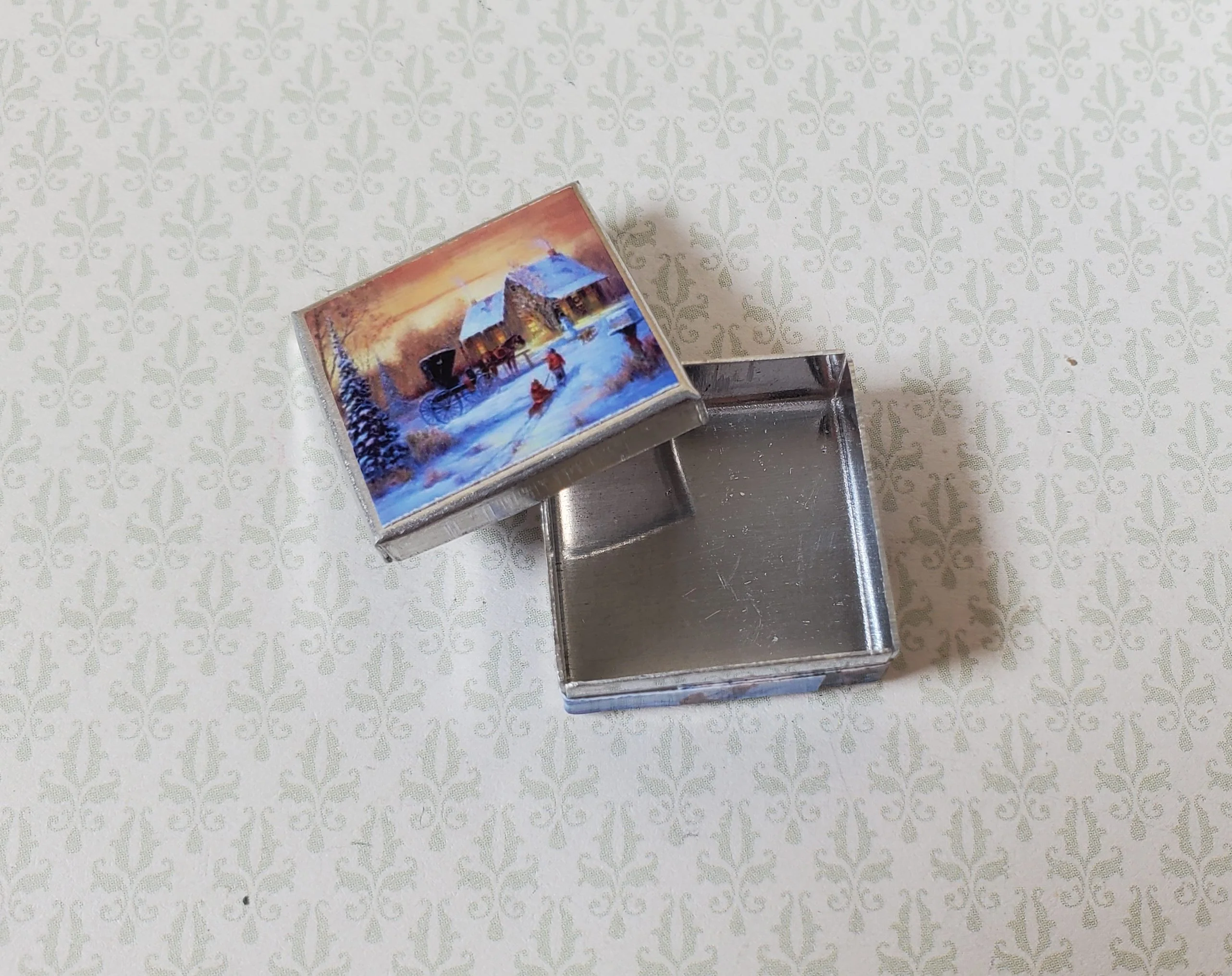 Dollhouse Square Winter Scene Cookie Tin Empty 1:12 Scale Miniature Christmas - Image 2