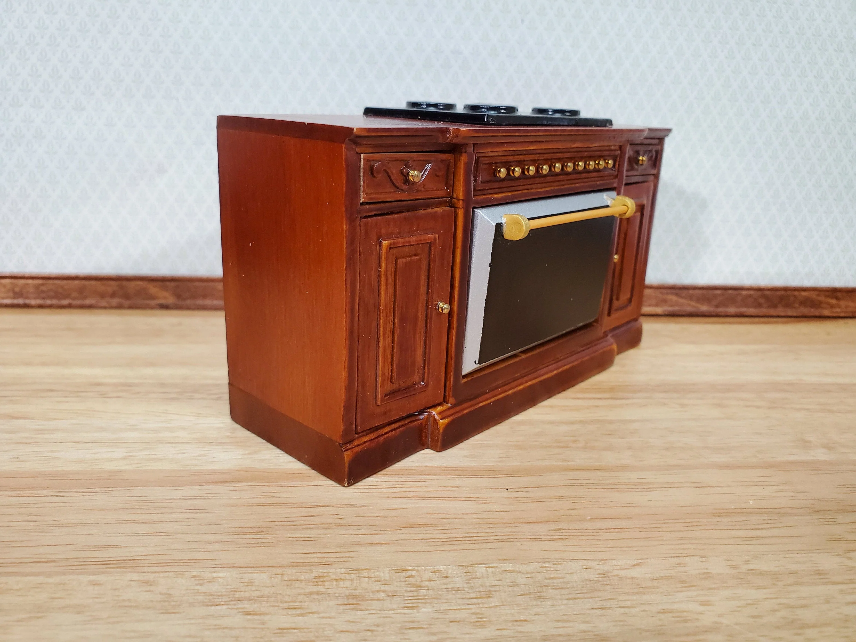 Dollhouse Stove Oven Cabinet Walnut Finish 1:12 Scale Miniature Kitchen Cupboard - Image 2