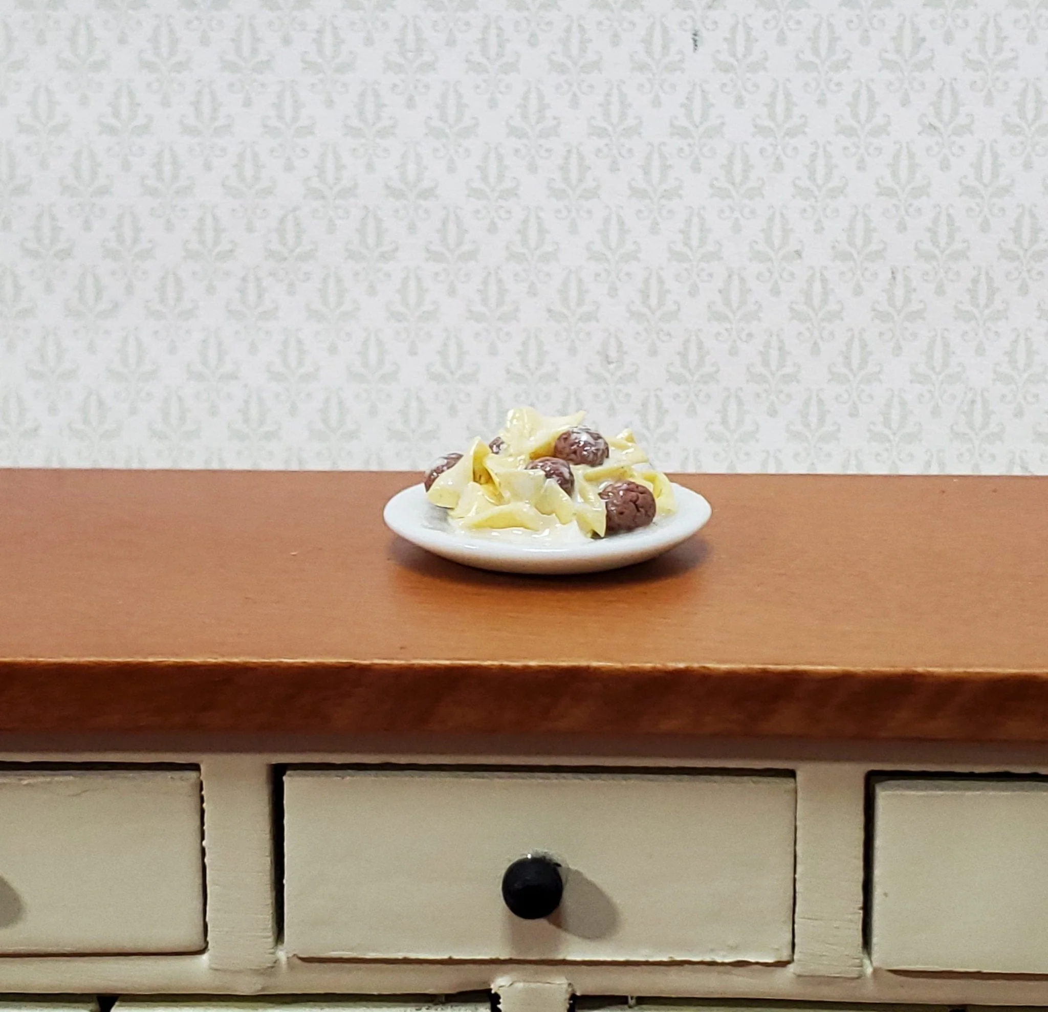 Dollhouse Swedish Meatballs with Noodles on a Plate 1:12 Scale Miniature Food Kitchen