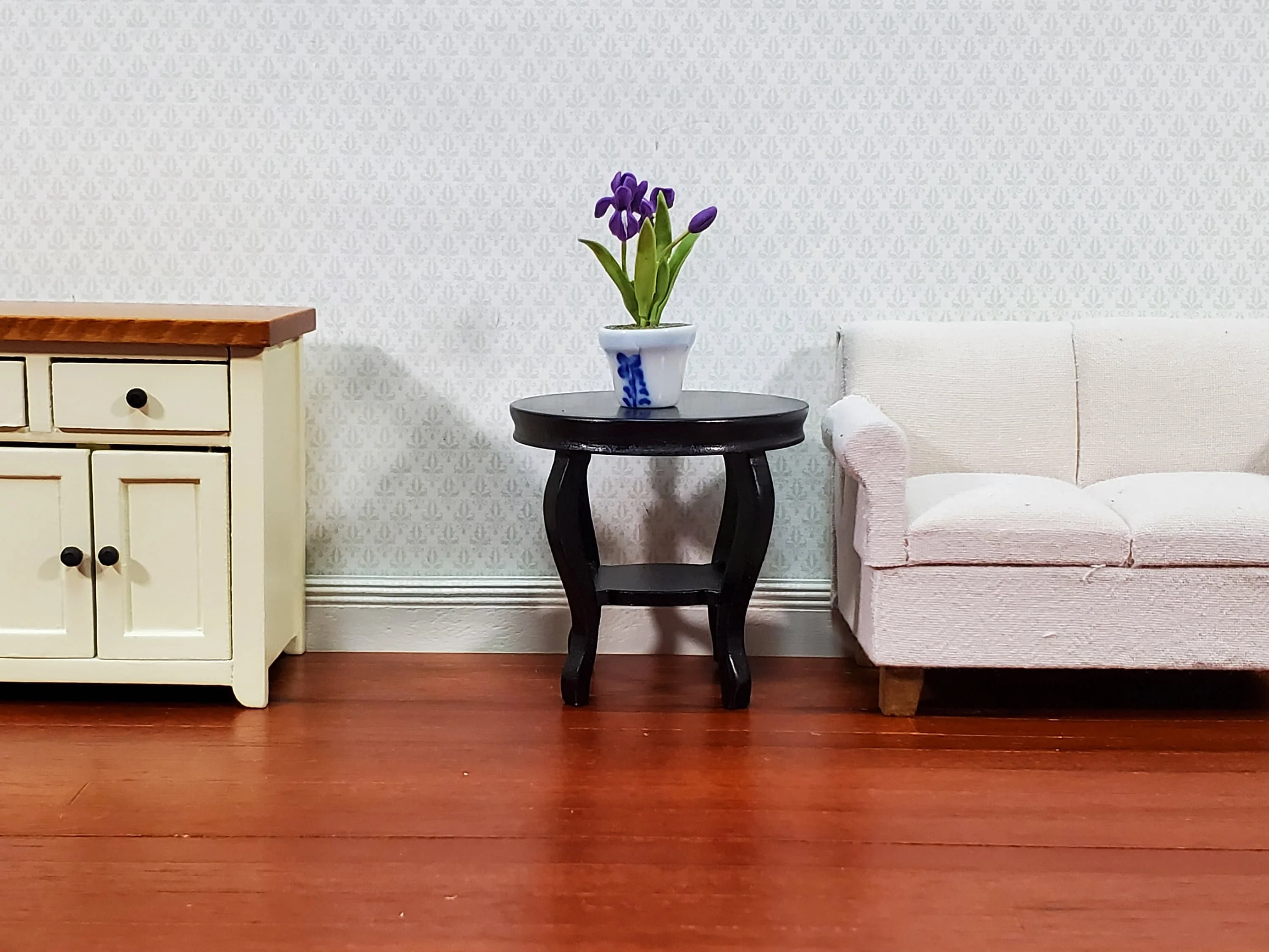 Dollhouse Table Small Round Side or End Table Black Lower Shelf 1:12 Scale Miniature Furniture - Image 3