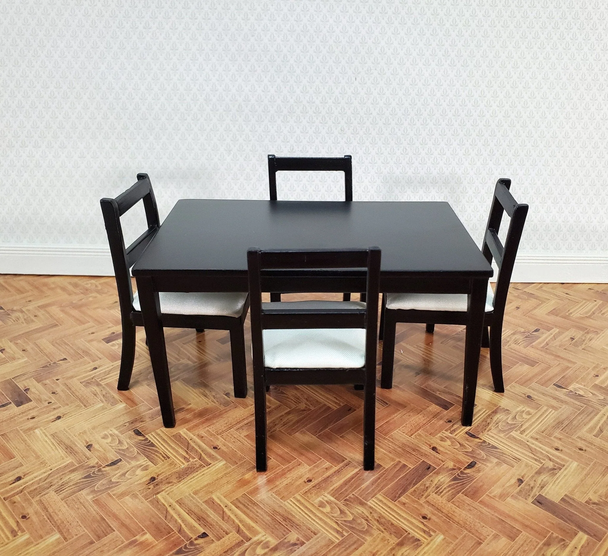 Dollhouse Table with 4 Chairs Black & White 1:12 Scale Dining Room Miniatures Furniture - Image 2