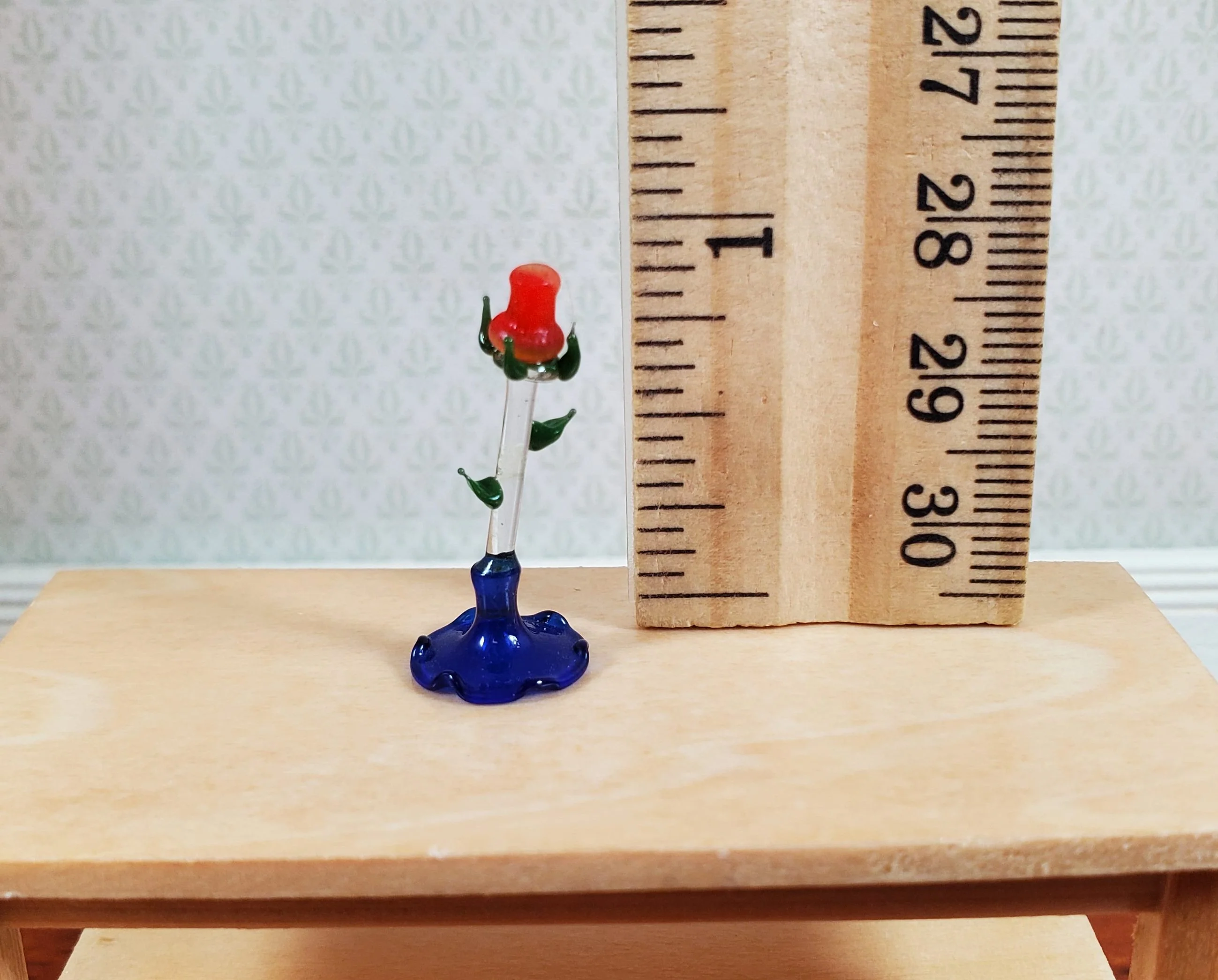 Dollhouse Tall Glass Rose Centerpiece Sculpture Blue Base 1:12 Scale Miniature - Image 3