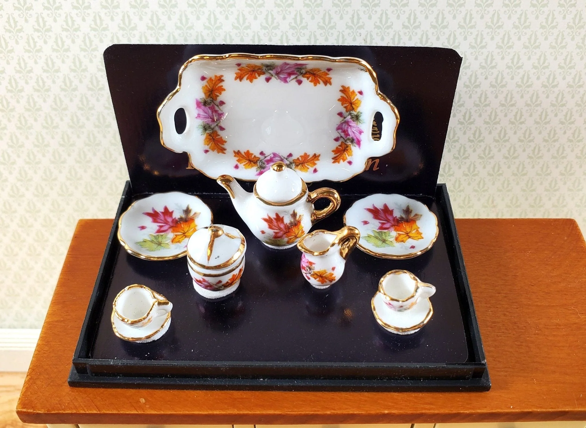 Dollhouse Tea Set Thanksgiving Leaves Reutter Porcelain 1:12 Scale Teapot Cups Cream Sugar - Image 3
