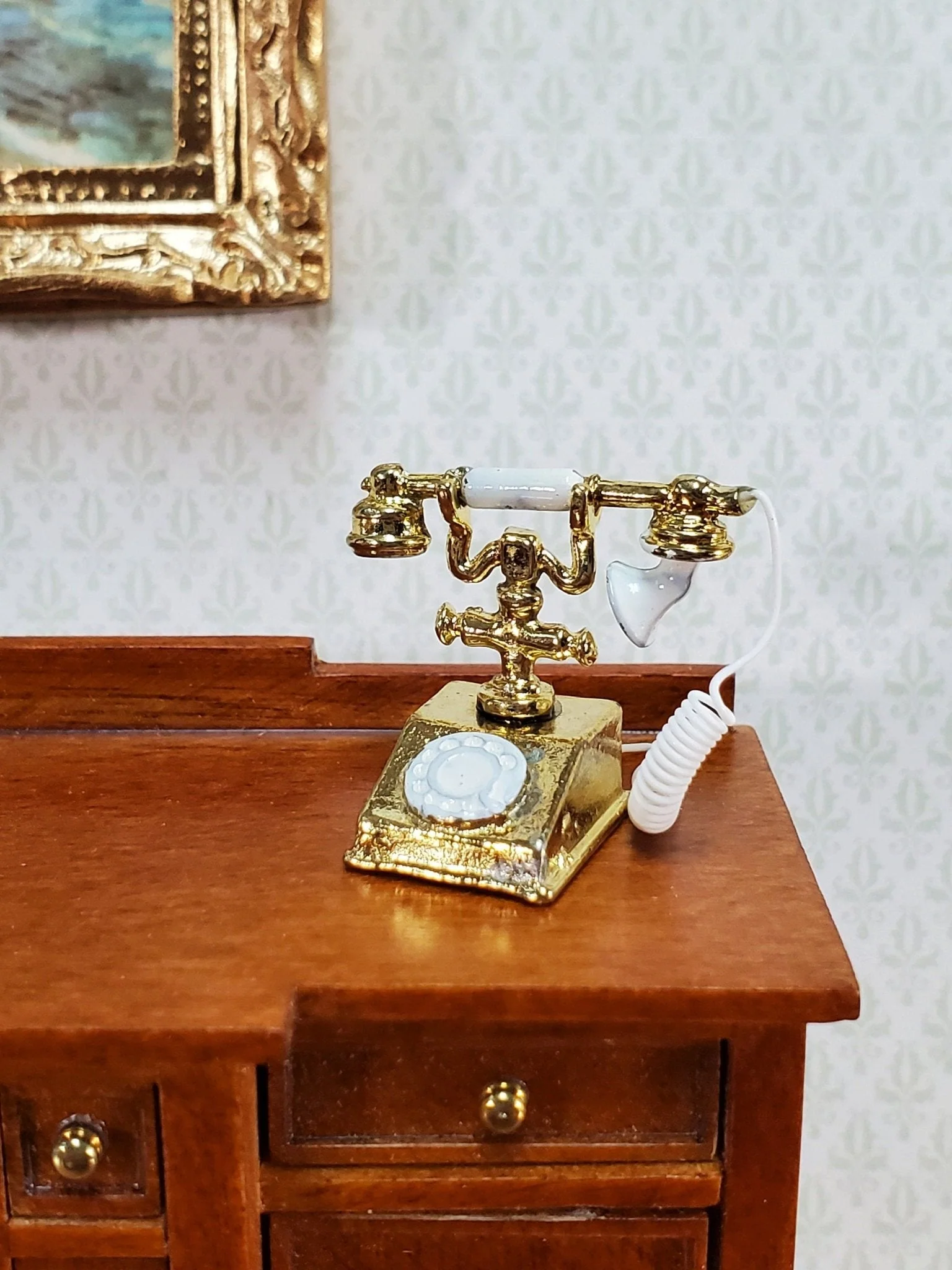 Dollhouse Telephone Vintage Style 1890s - 1920s Gold 1:12 Scale Miniature Phone