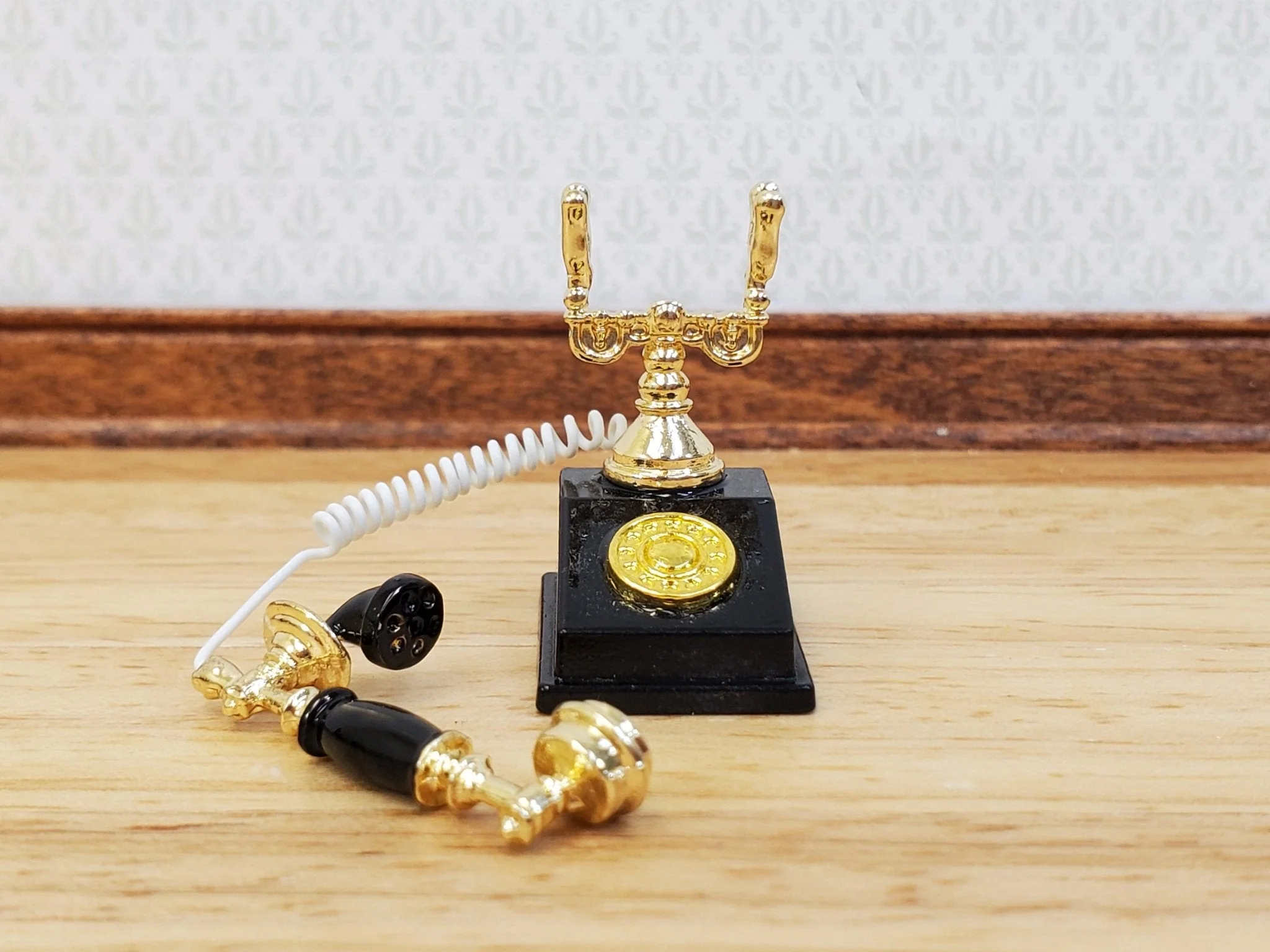 Dollhouse Telephone Vintage Style Black & Gold 1890s - 1920s 1:12 Scale Miniature Phone - Image 2