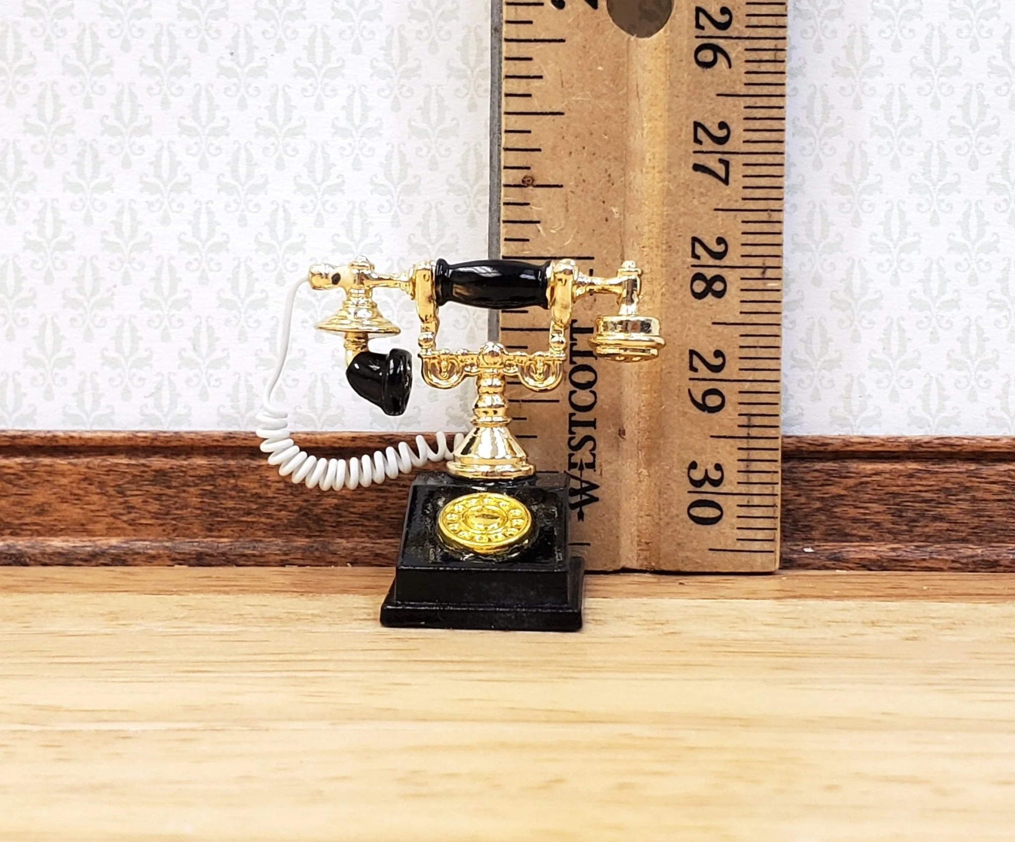 Dollhouse Telephone Vintage Style Black & Gold 1890s - 1920s 1:12 Scale Miniature Phone - Image 6