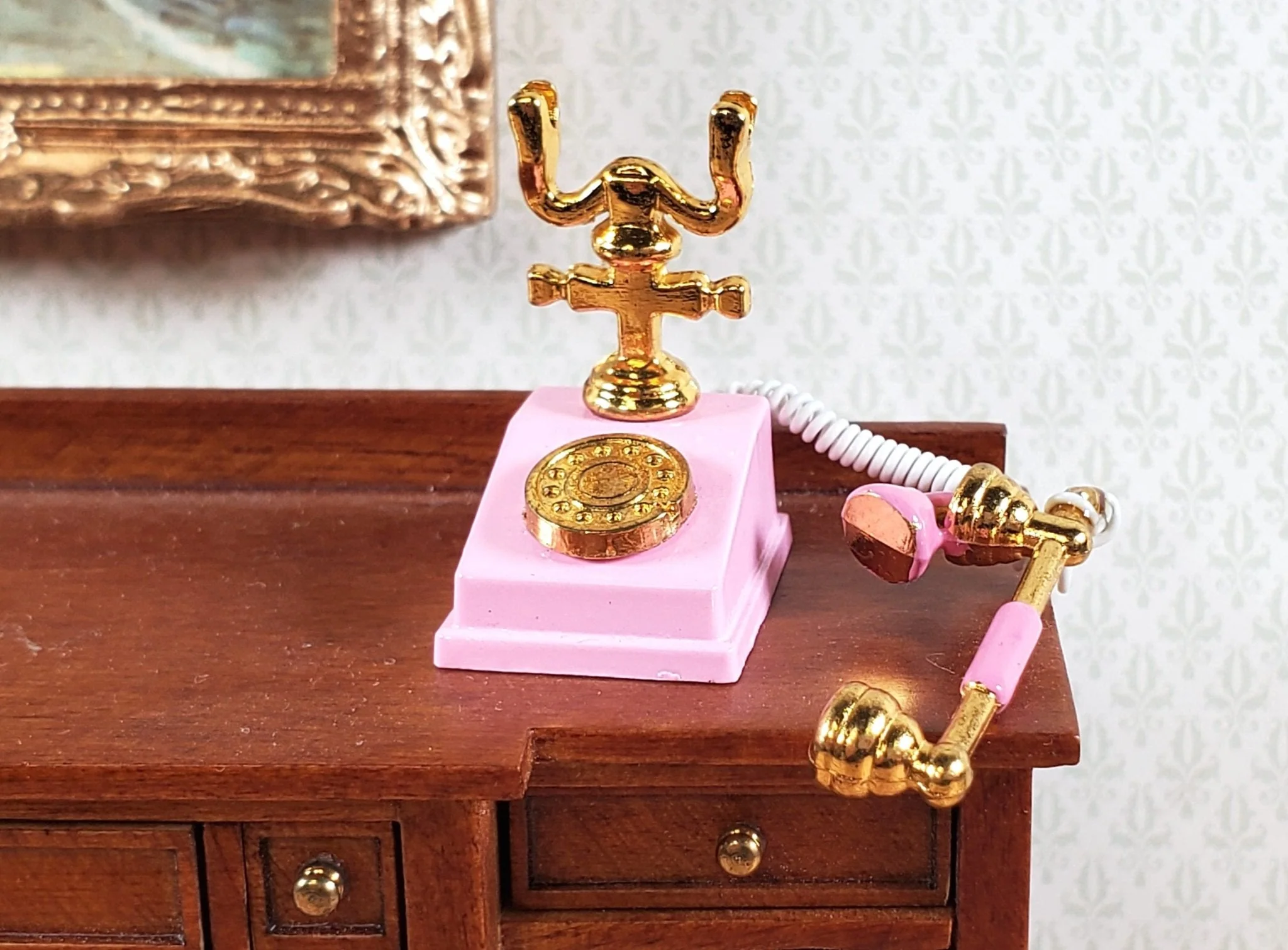 Dollhouse Telephone Vintage Style PINK 1890s - 1920s 1:12 Scale Miniature Phone - Image 2