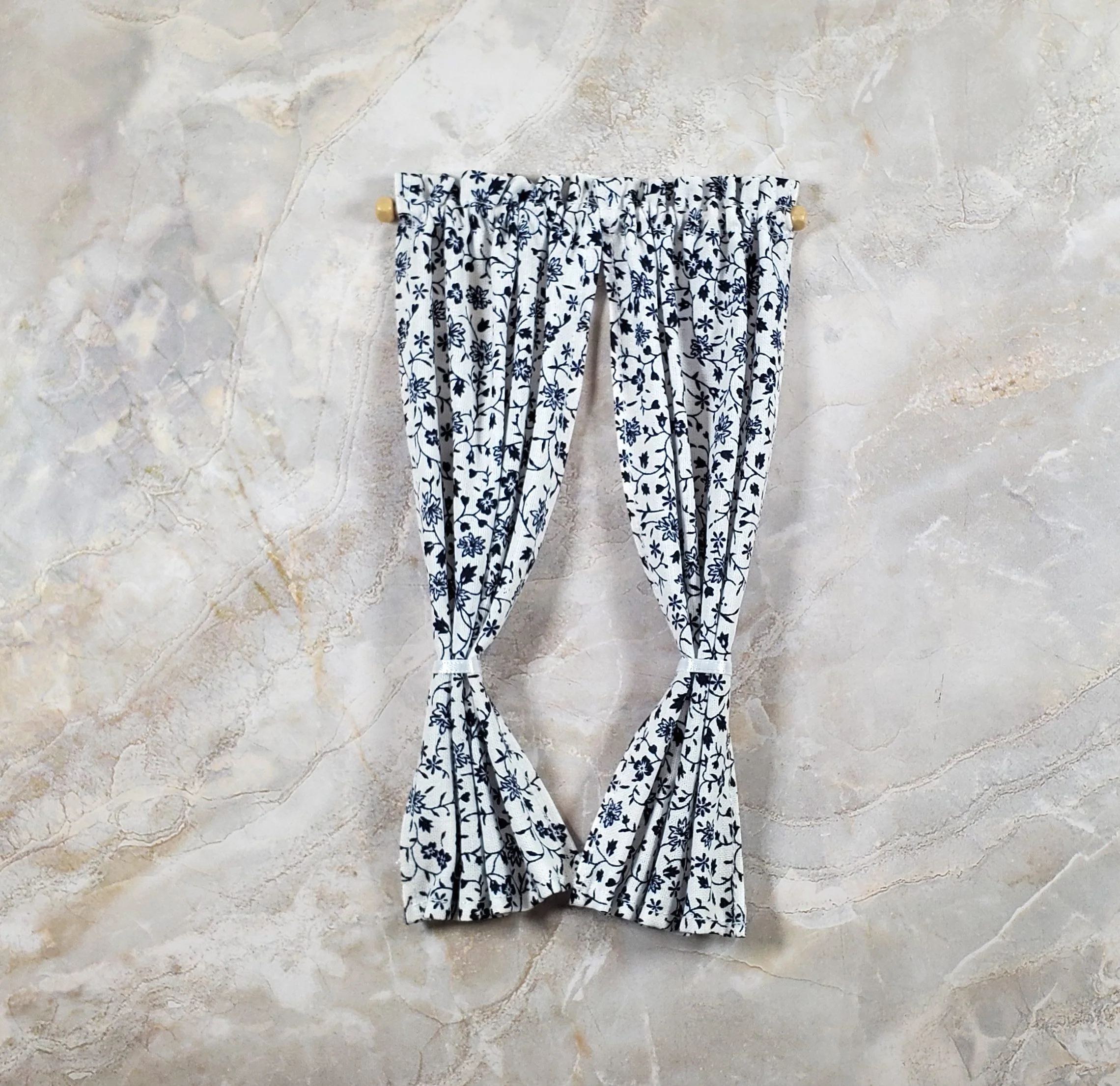 Dollhouse Tie Back Curtains Navy Blue White Floral 1:12 Scale Handmade