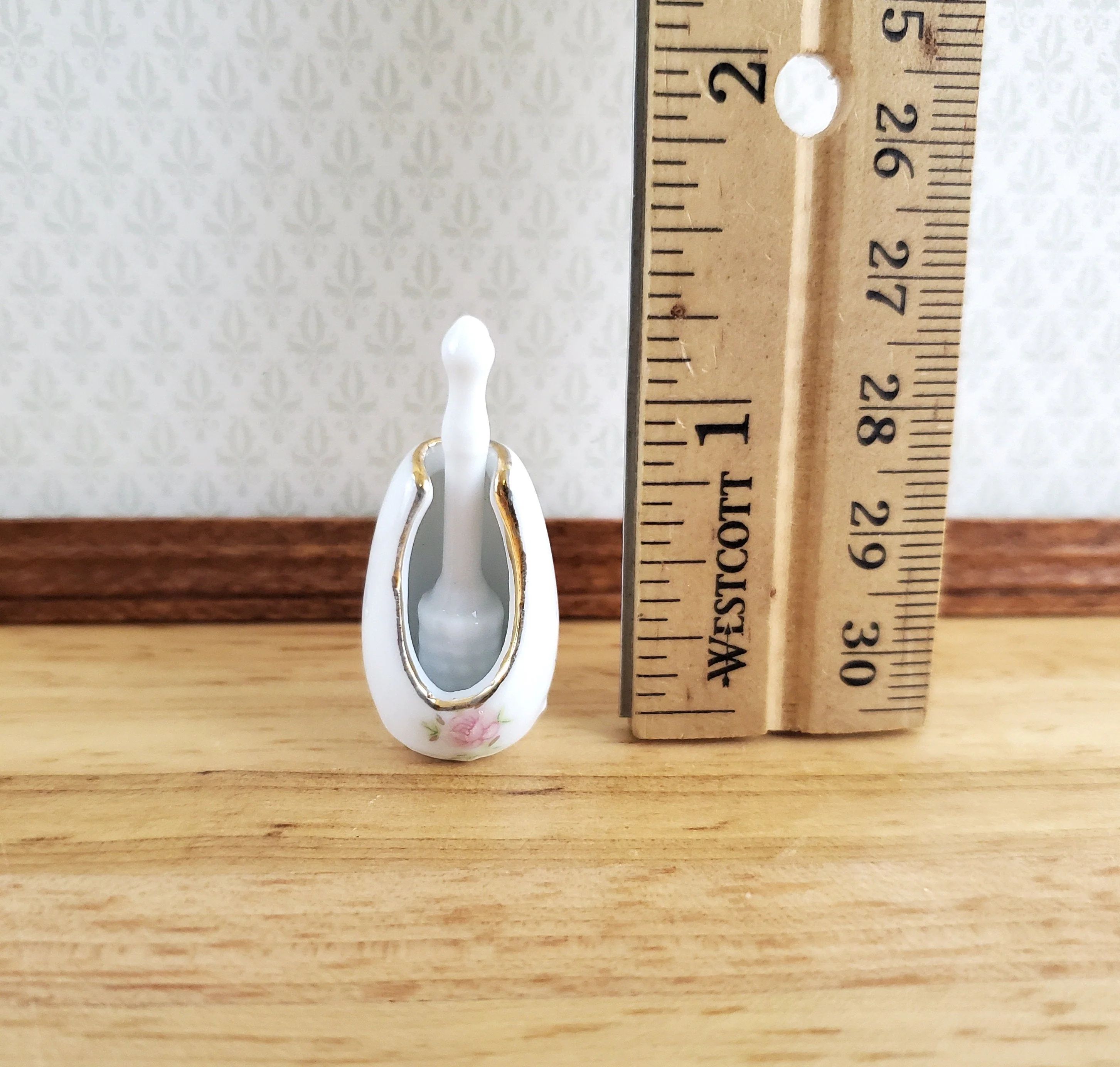 Dollhouse Toilet Brush Holder Ceramic with Pink Flower 1:12 Scale Bathroom Accessories - Image 3