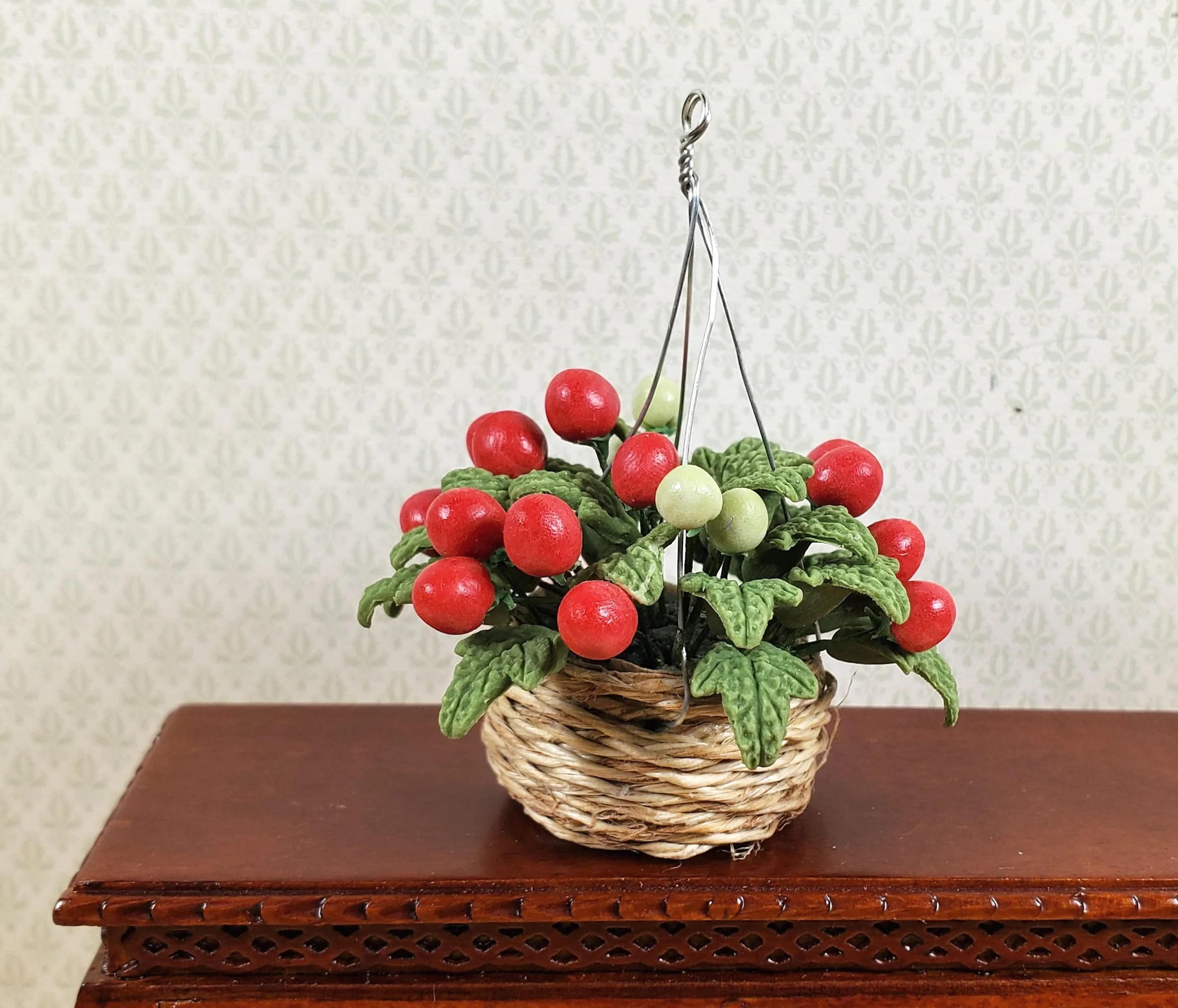 Dollhouse Tomato Plant in Natural Fiber Hanging Basket 1:12 Scale Miniature