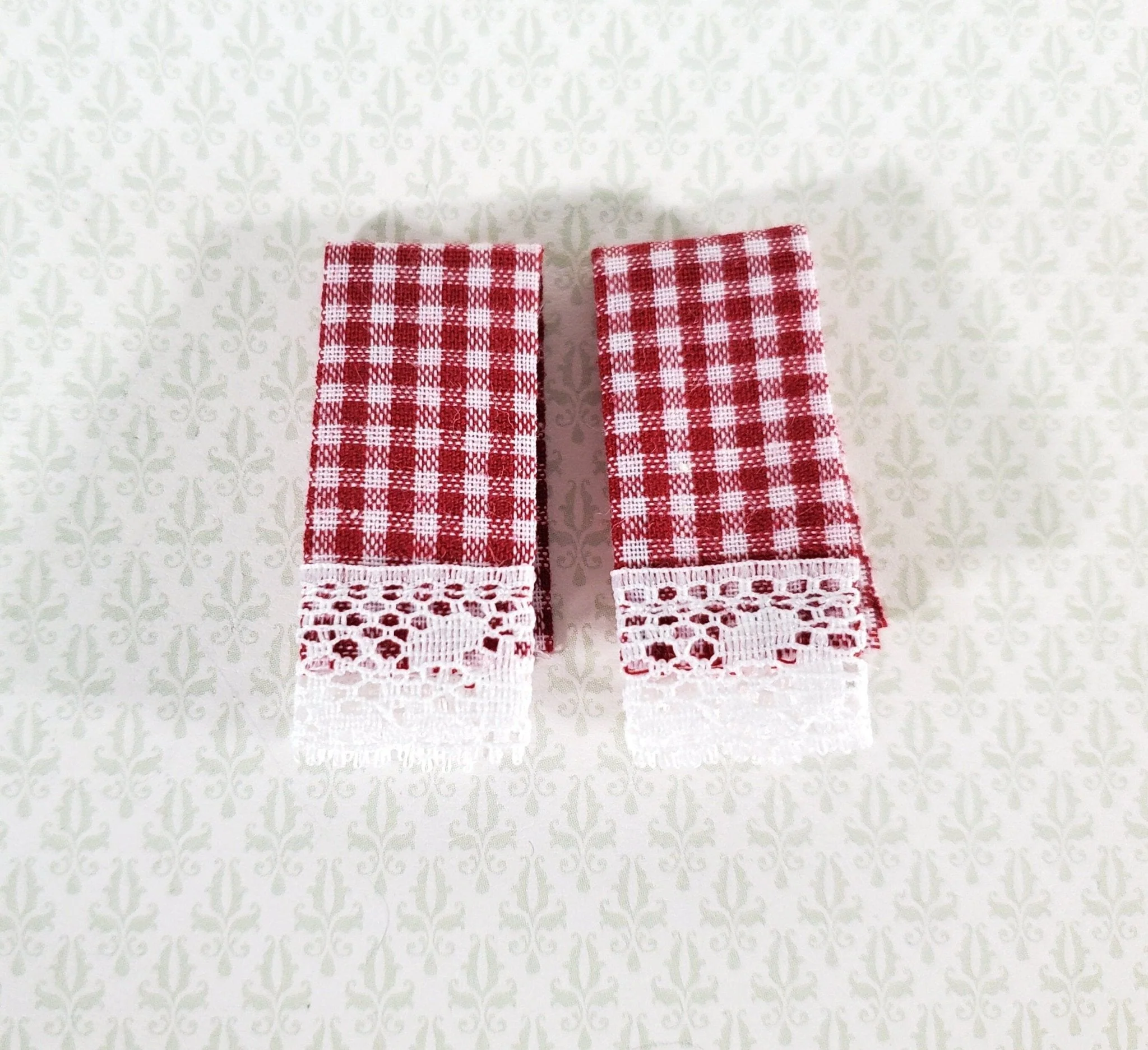 Dollhouse Towels with Lace Red White Gingham Handmade 1:12 Scale Miniature for Kitchen