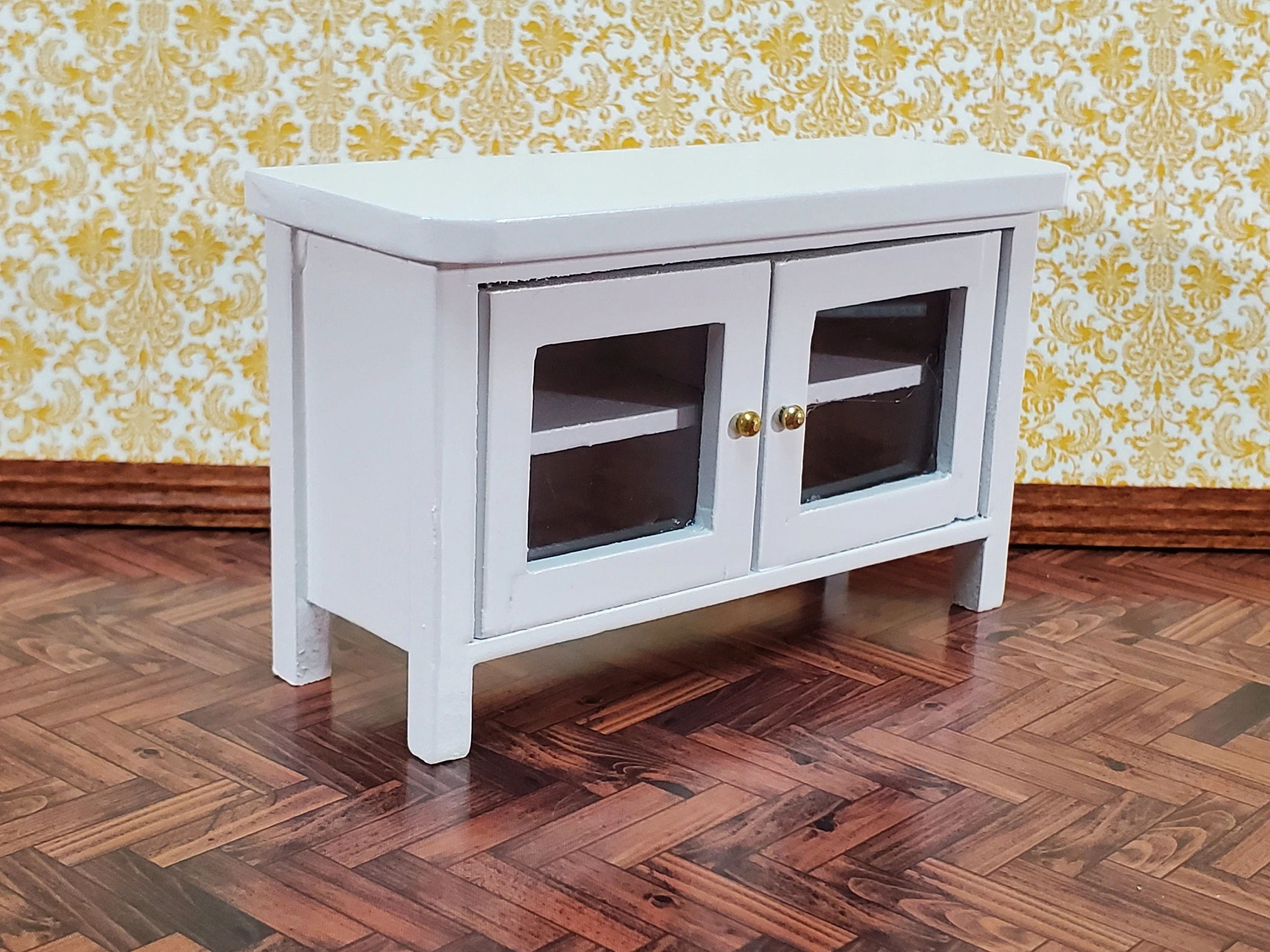 Dollhouse TV Media Stand Low Cabinet Modern Style White 1:12 Scale Miniature Furniture - Image 2