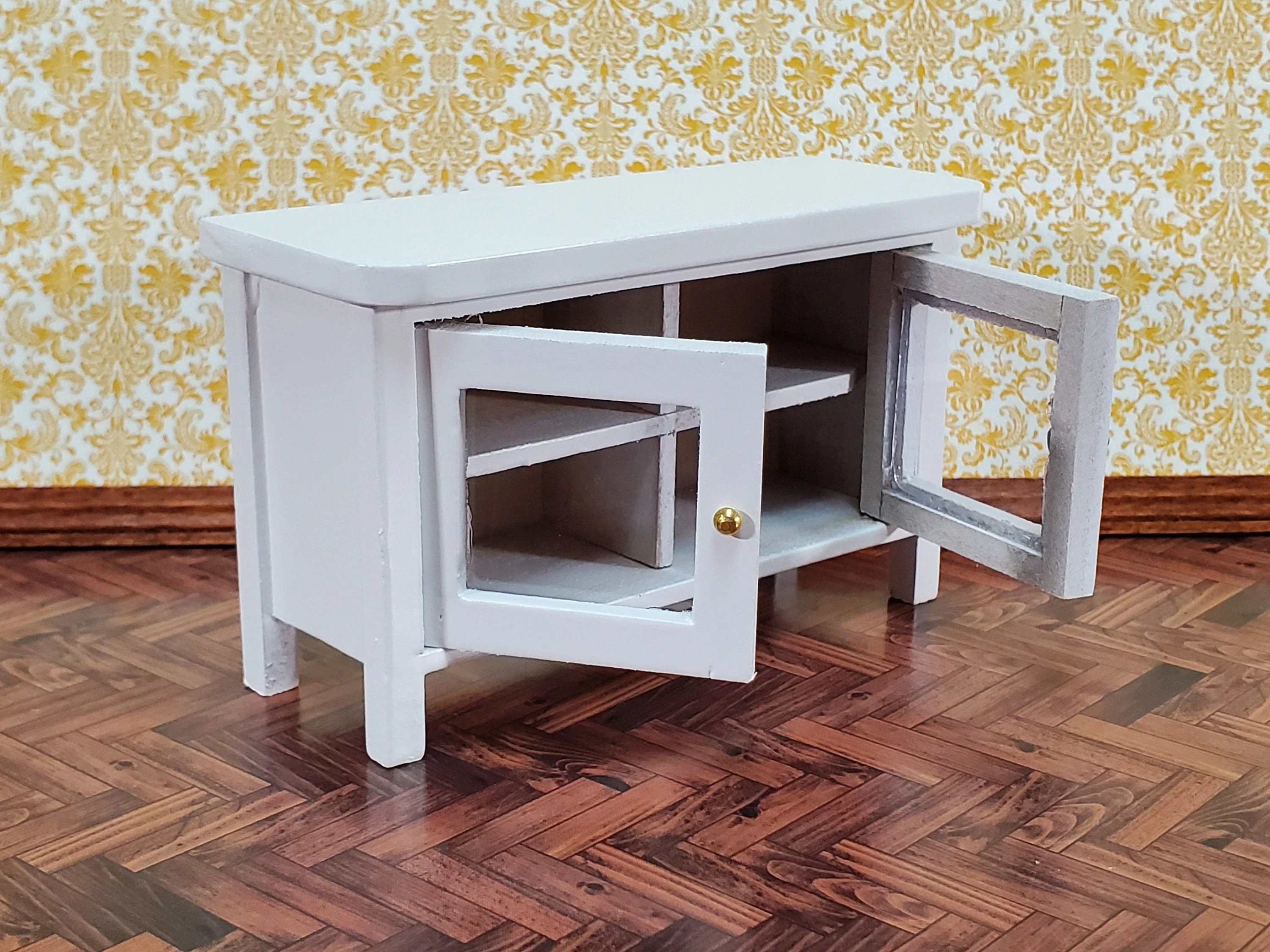 Dollhouse TV Media Stand Low Cabinet Modern Style White 1:12 Scale Miniature Furniture - Image 3