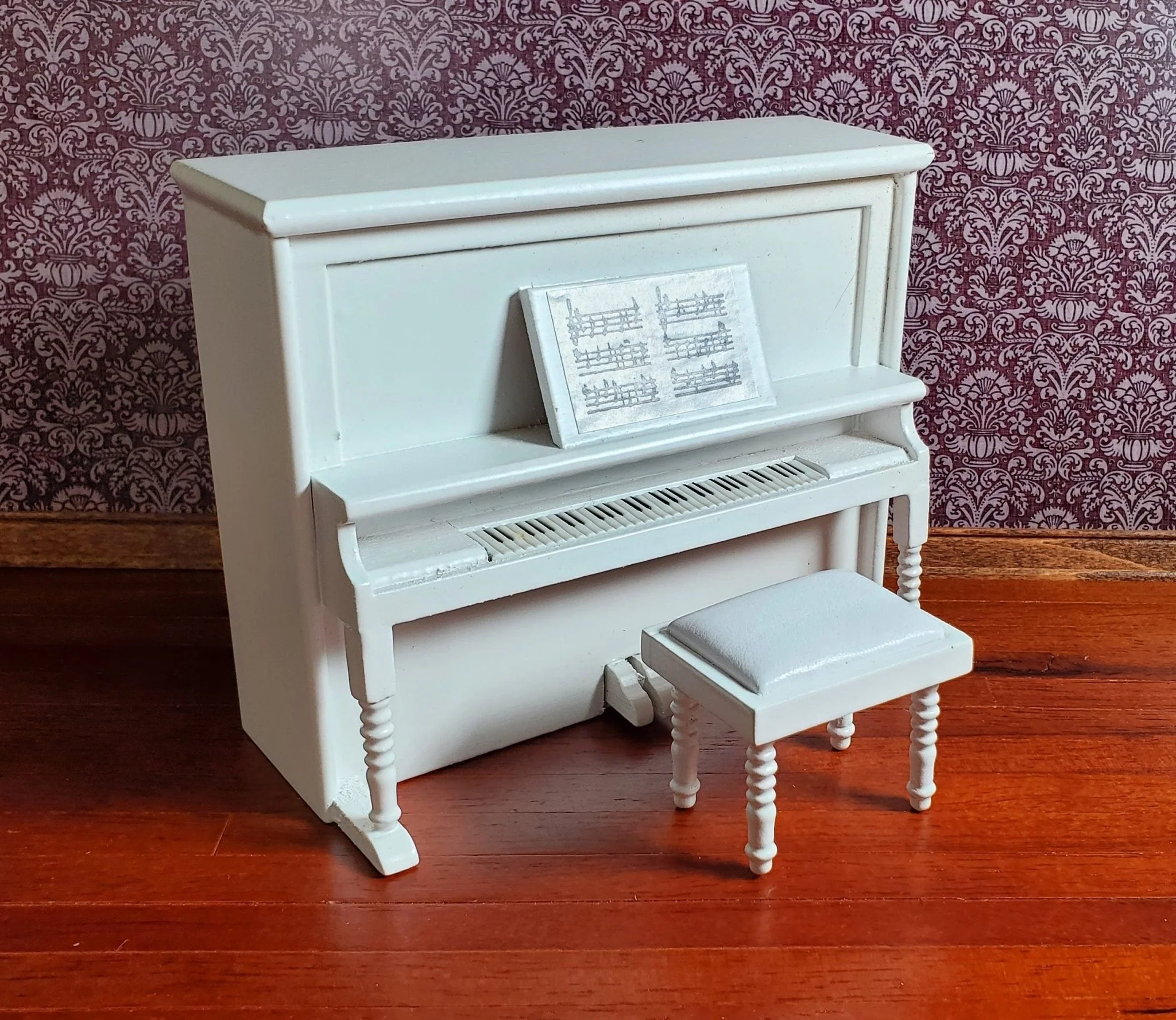 Dollhouse Upright Piano with Bench Seat White Wood 1:12 Scale Miniature - Image 2