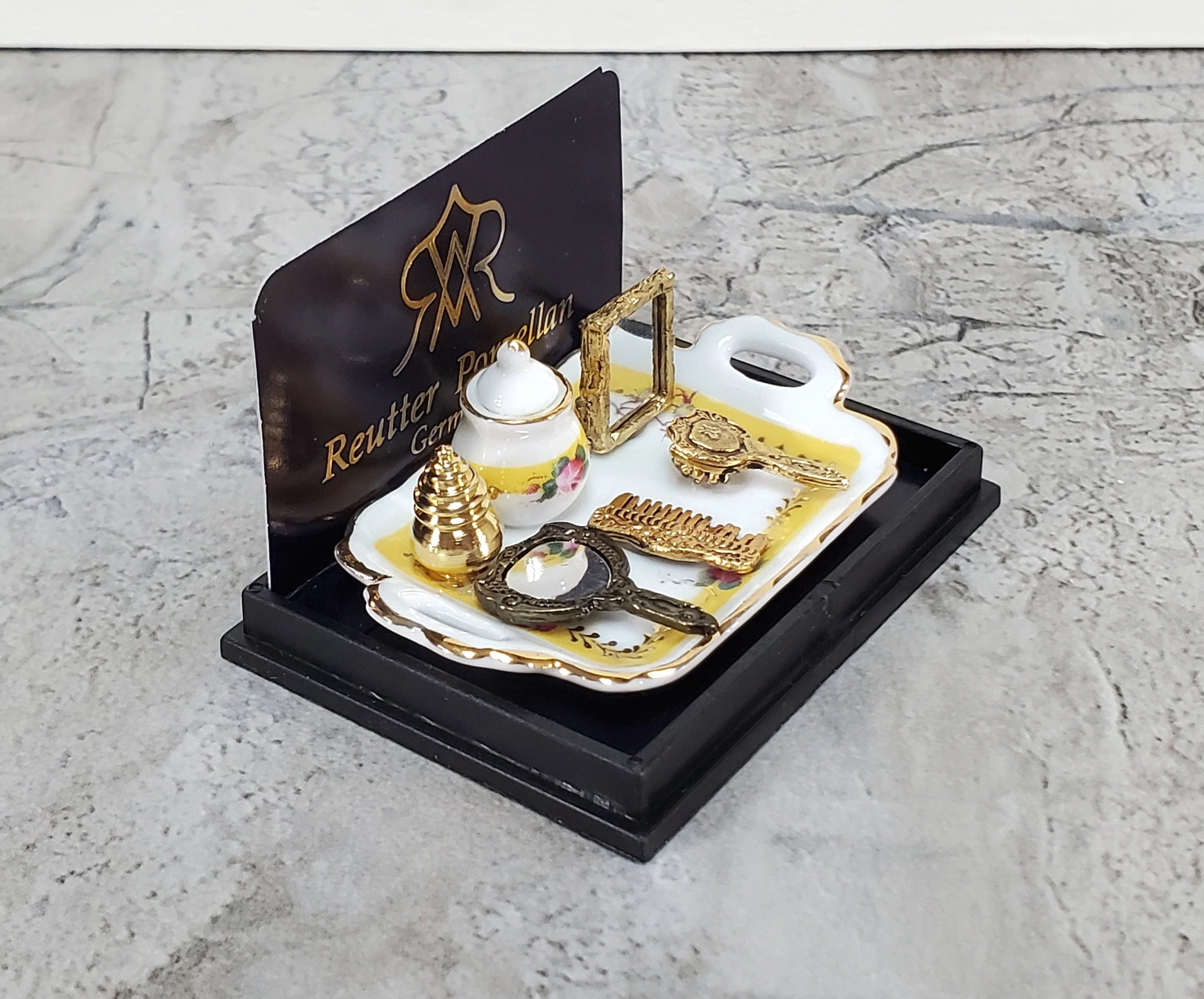 Dollhouse Vanity Set Mirror Comb Perfume Brush Reutter Porcelain 1:12 Scale Miniature - Image 2