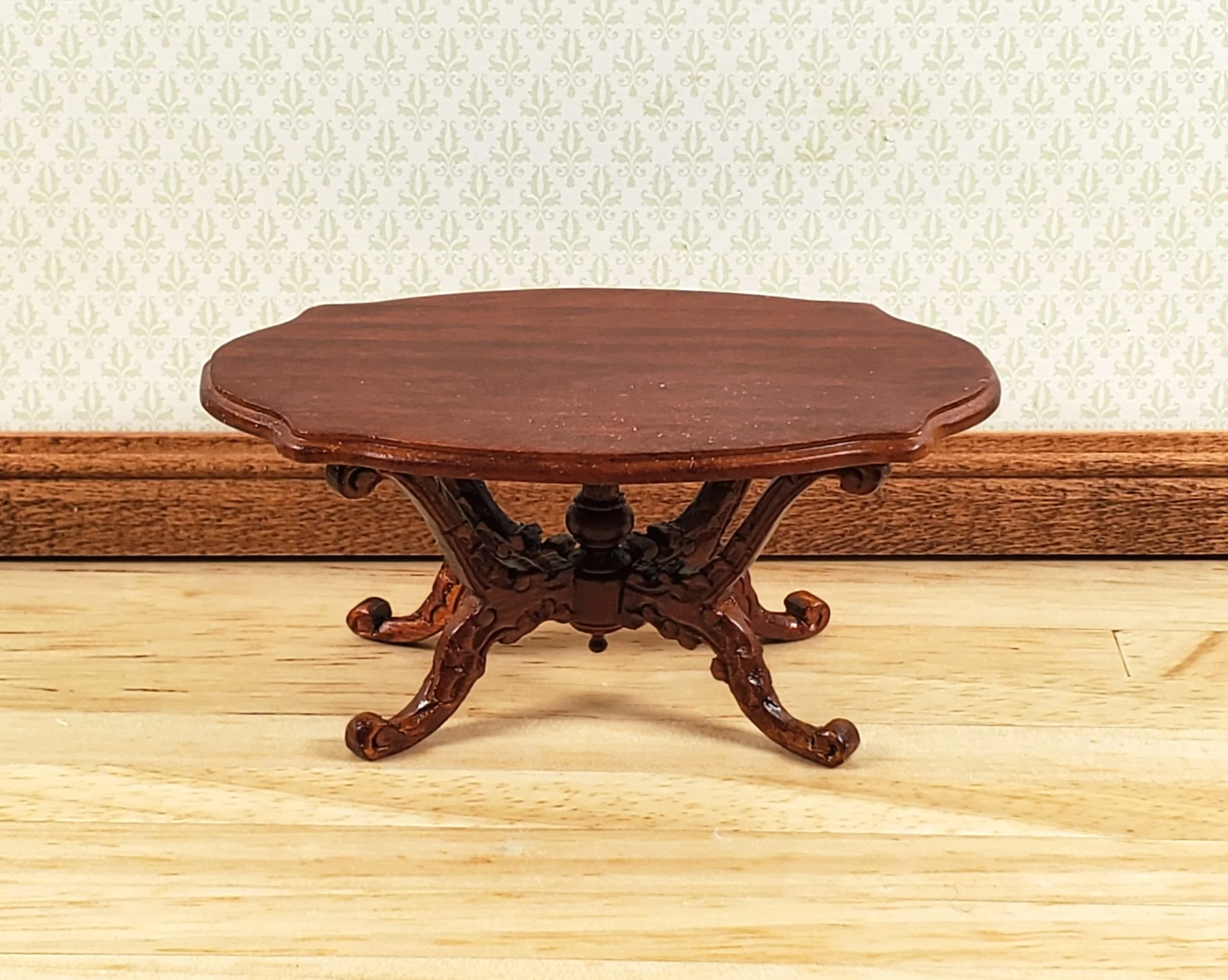 Dollhouse Victorian Coffee Table Oval Walnut Finish 1:12 Scale Miniature