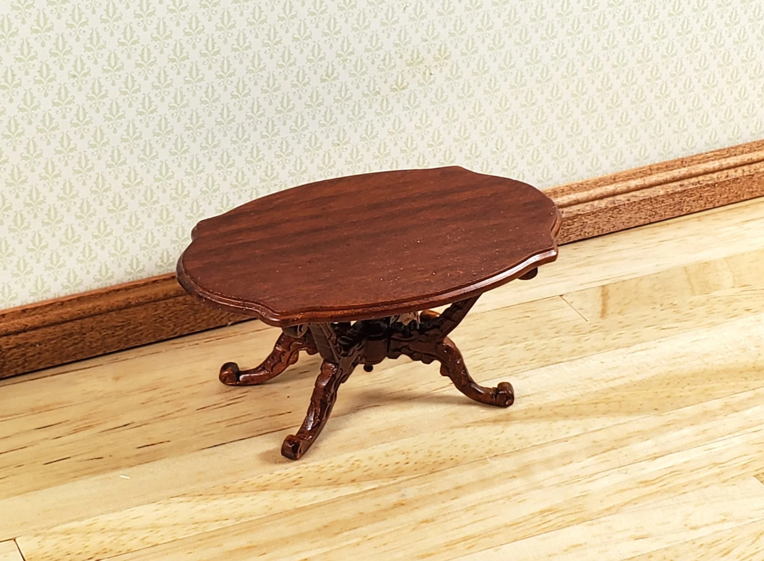 Dollhouse Victorian Coffee Table Oval Walnut Finish 1:12 Scale Miniature - Image 2