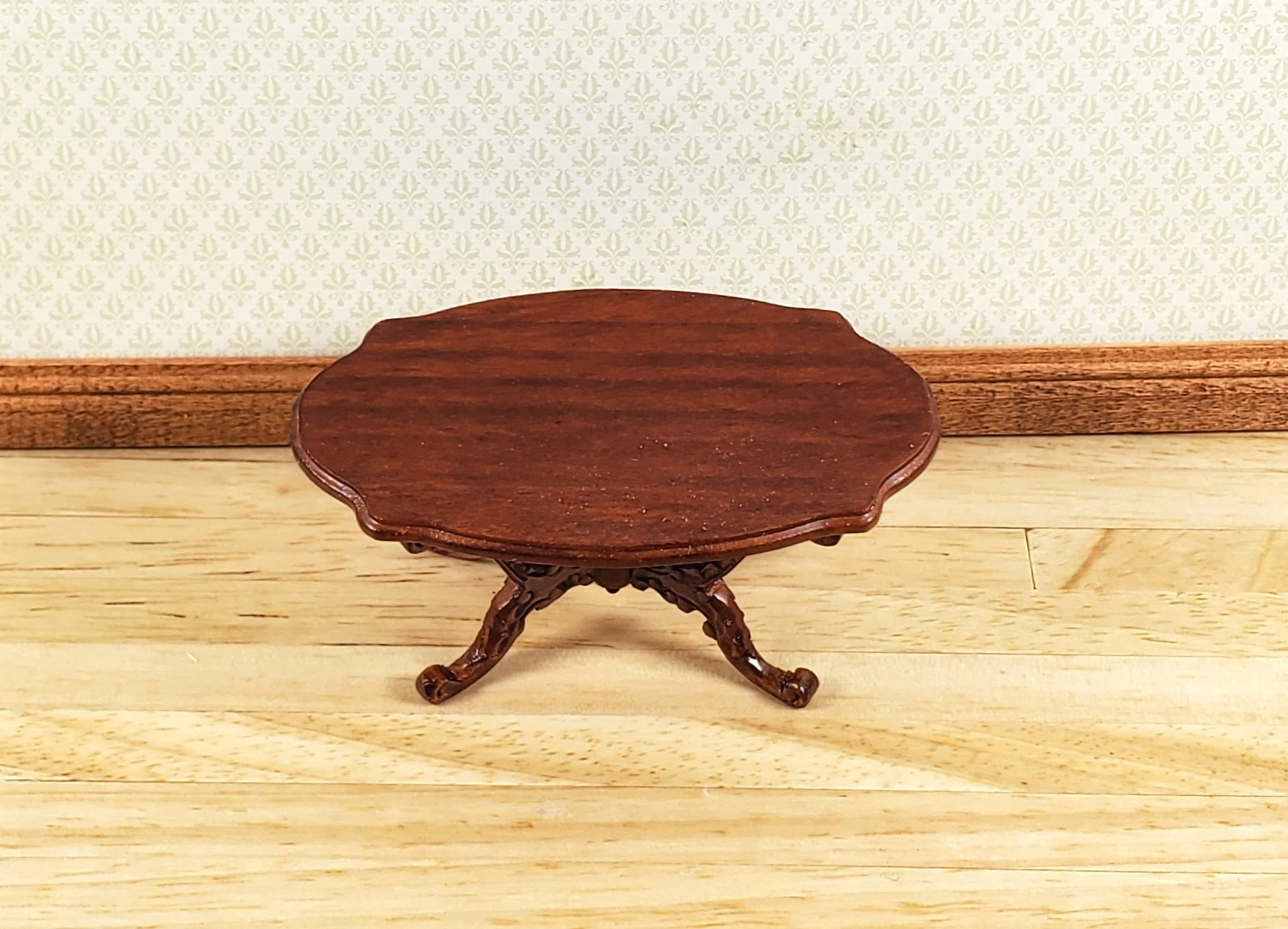Dollhouse Victorian Coffee Table Oval Walnut Finish 1:12 Scale Miniature - Image 3