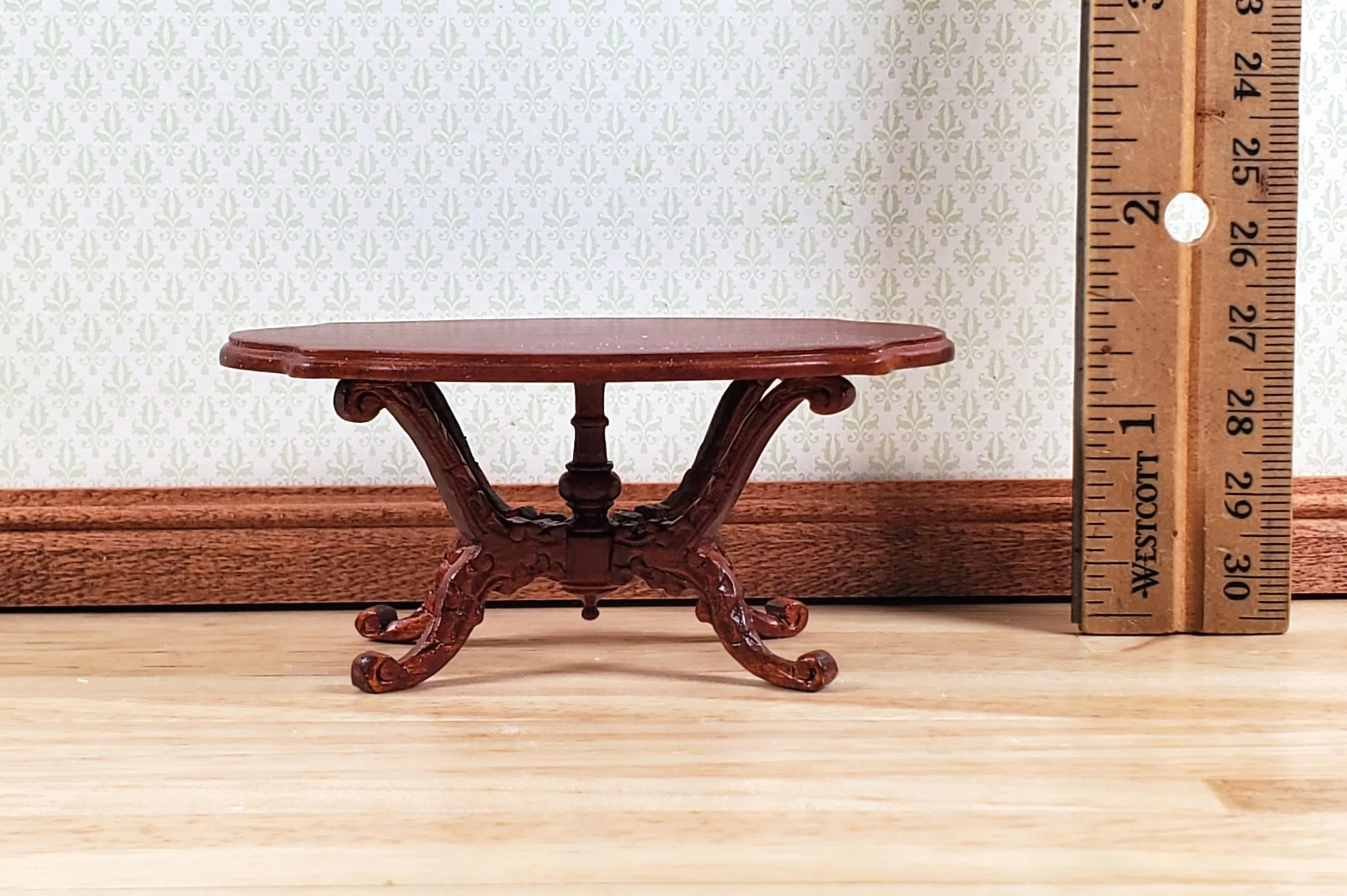 Dollhouse Victorian Coffee Table Oval Walnut Finish 1:12 Scale Miniature - Image 4