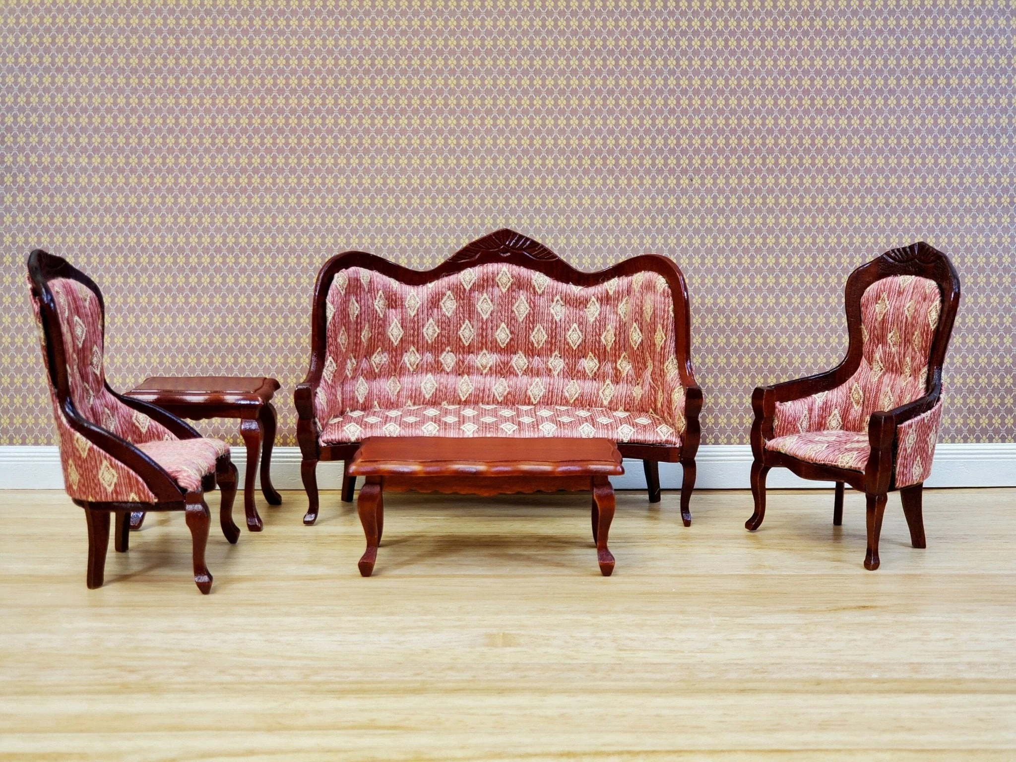Dollhouse Victorian Living Room Set Sofa Chairs Tables 1:12 Scale Furniture Dark Pink