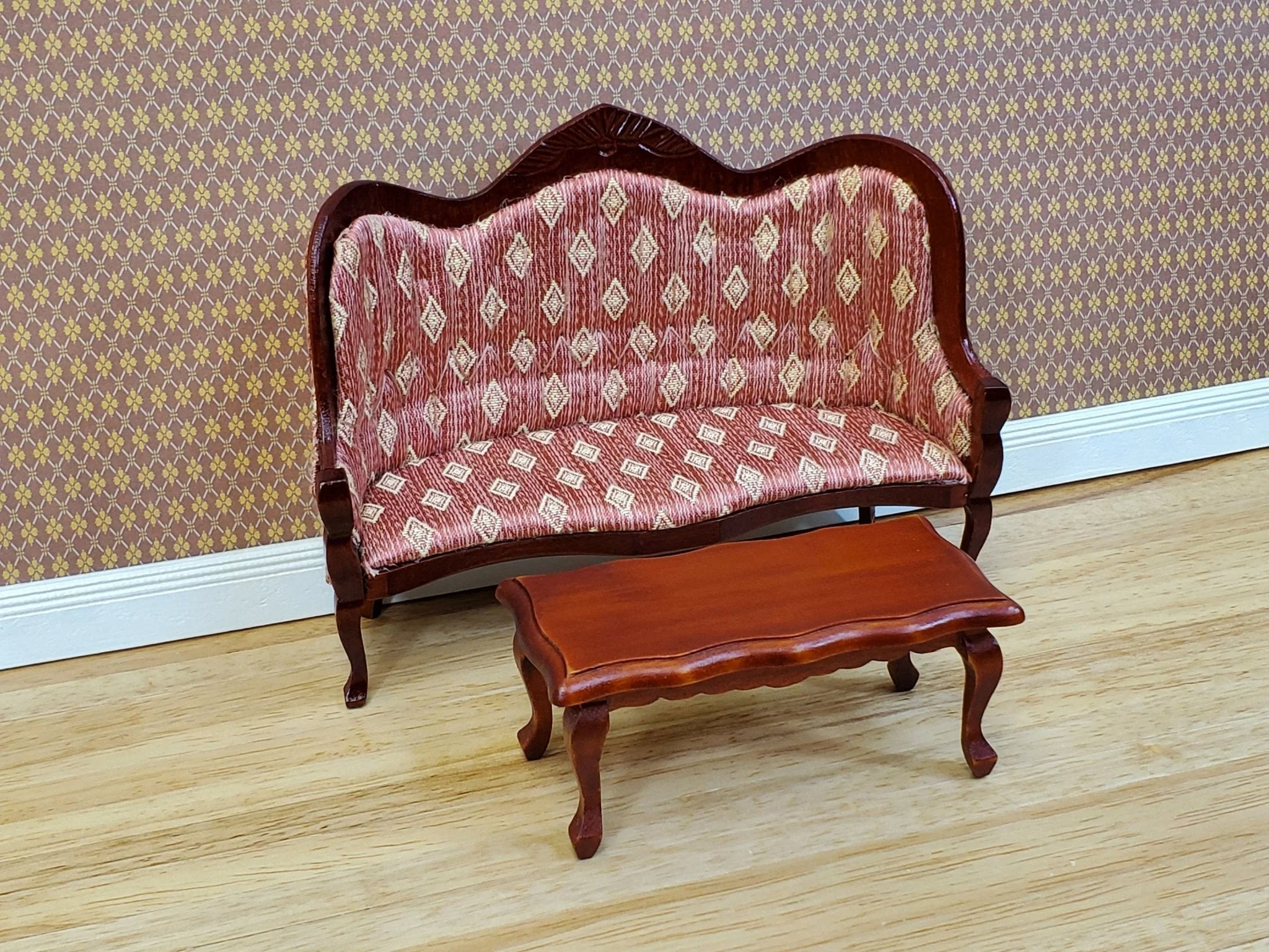 Dollhouse Victorian Living Room Set Sofa Chairs Tables 1:12 Scale Furniture Dark Pink - Image 3